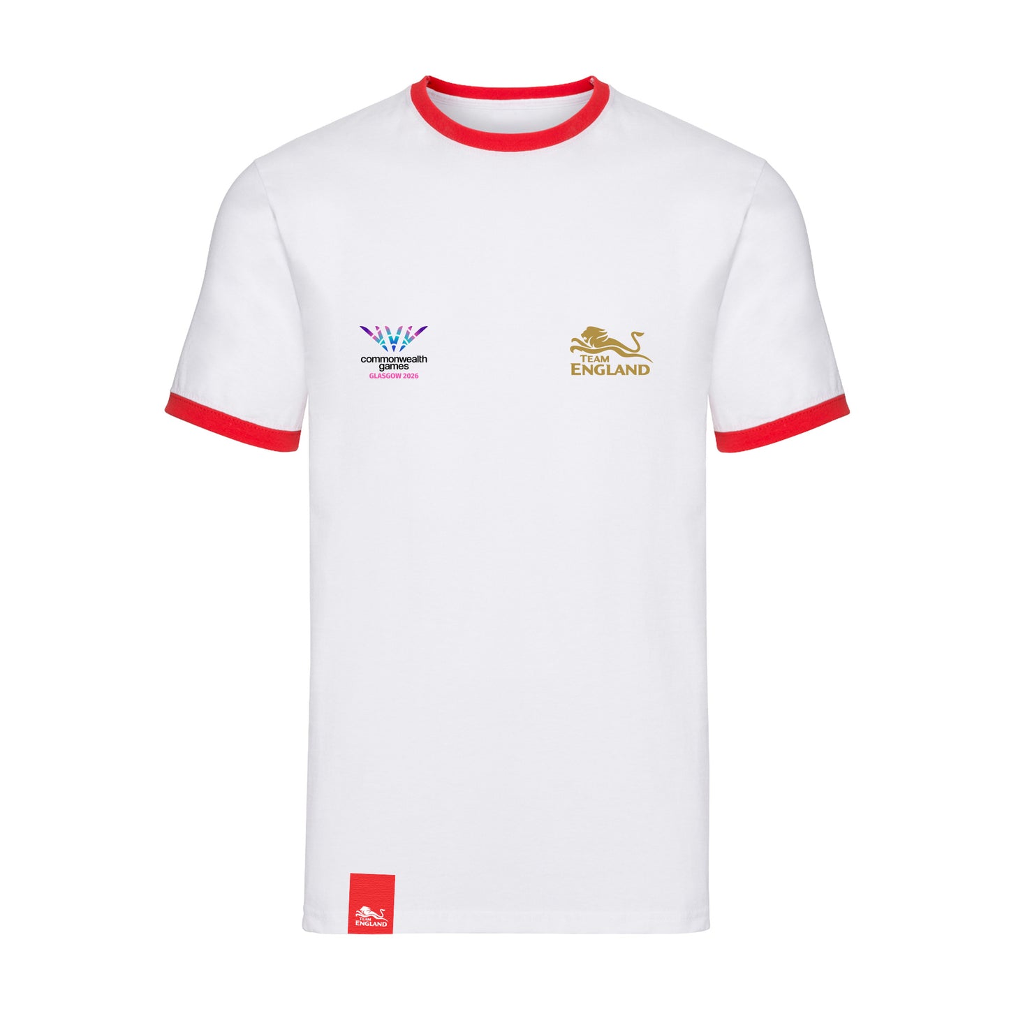 White ringer t-shirt with contrast red collar and sleeve hems and Team England and Glasgow 2026 logos.
