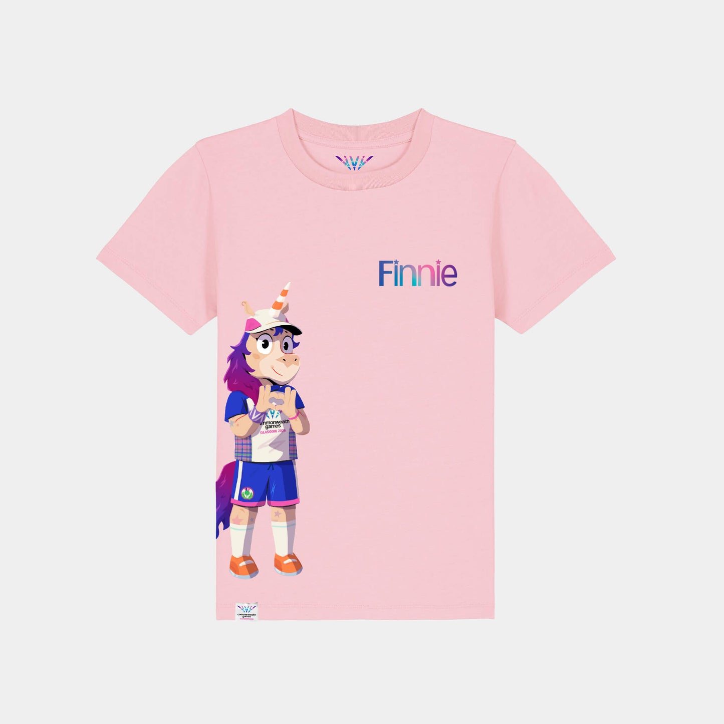Kids Finnie Side Print T-Shirt - Pink - Front View - Glasgow 2026 Commonwealth Games