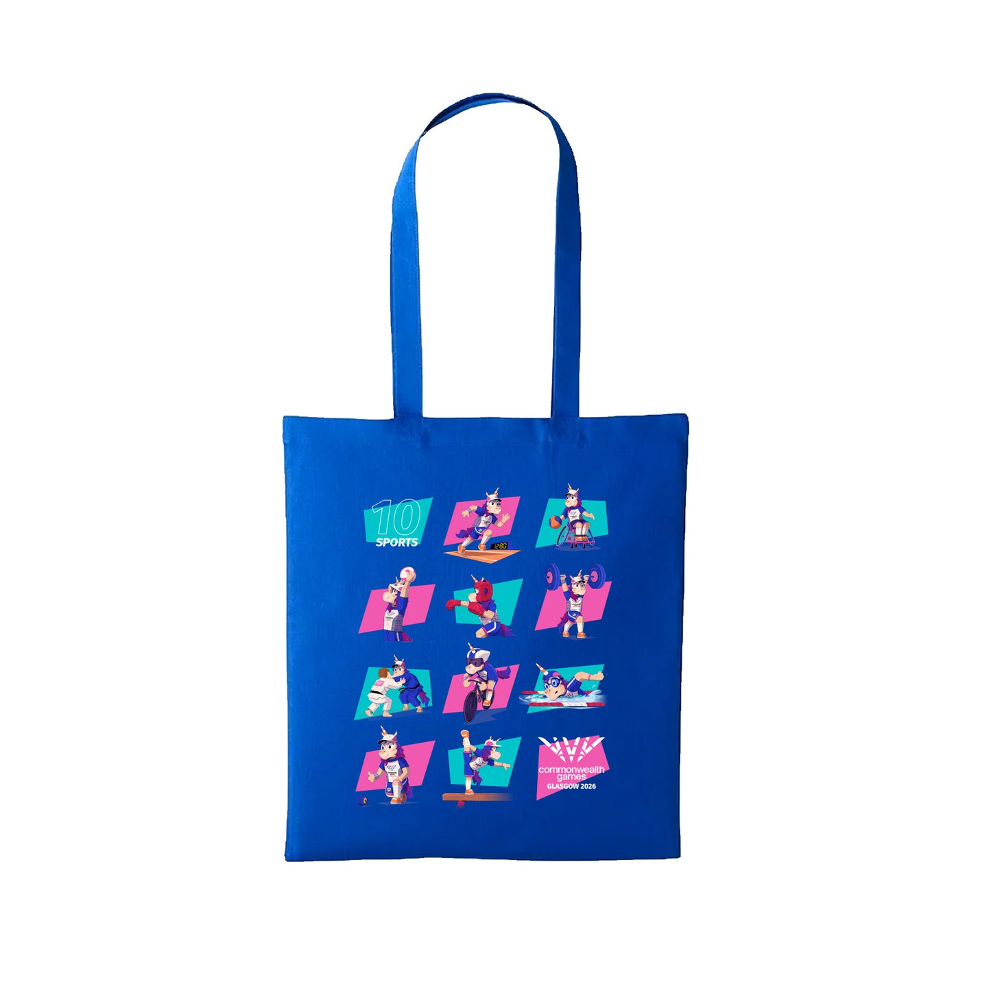 Blue tote bag printed with a series of pictograms featuring Finnie, the Glasgow 2026 mascot, taking part in each sport.