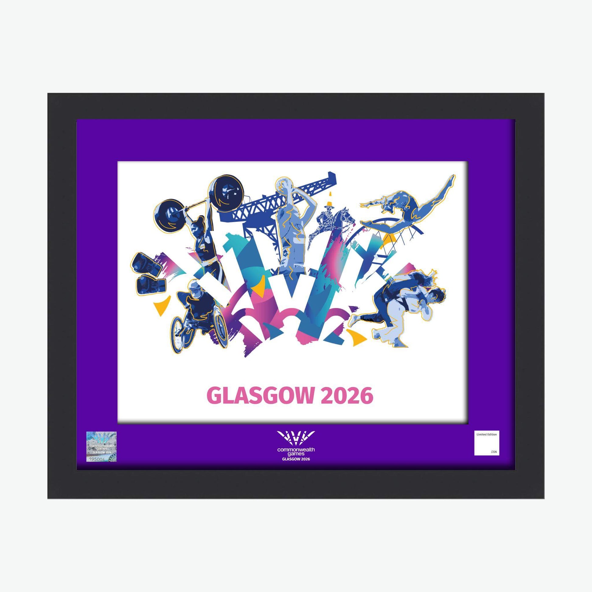 20" x 16" Glasgow 2026 Commonwealth Games Celebration Framed Print with black frame and purple mount