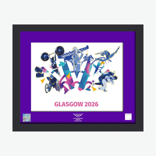 20" x 16" Glasgow 2026 Commonwealth Games Celebration Framed Print with black frame and purple mount