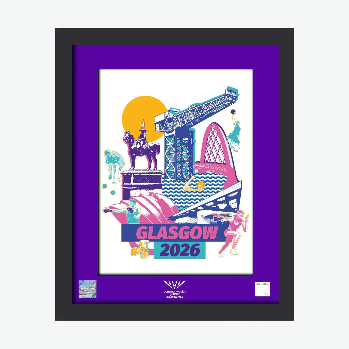 20" x 16" Glasgow 2026 Commonwealth Games Landmarks Framed Print with black frame and purple mount