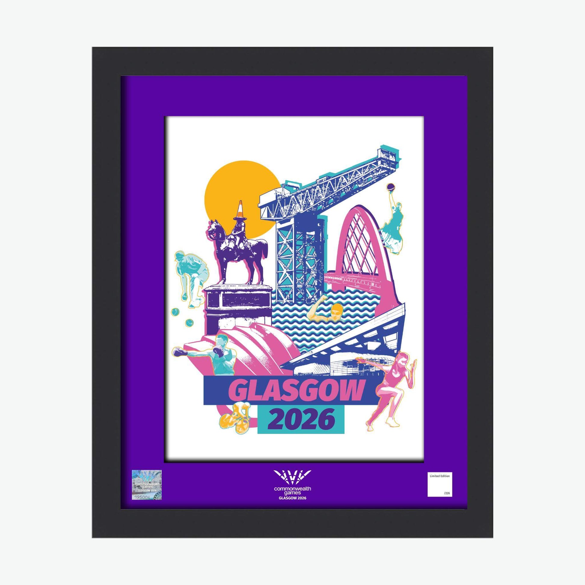 20" x 16" Glasgow 2026 Commonwealth Games Landmarks Framed Print with black frame and purple mount