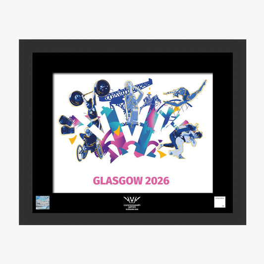 20" x 16" Glasgow 2026 Commonwealth Games Celebration Framed Print with black frame and mount