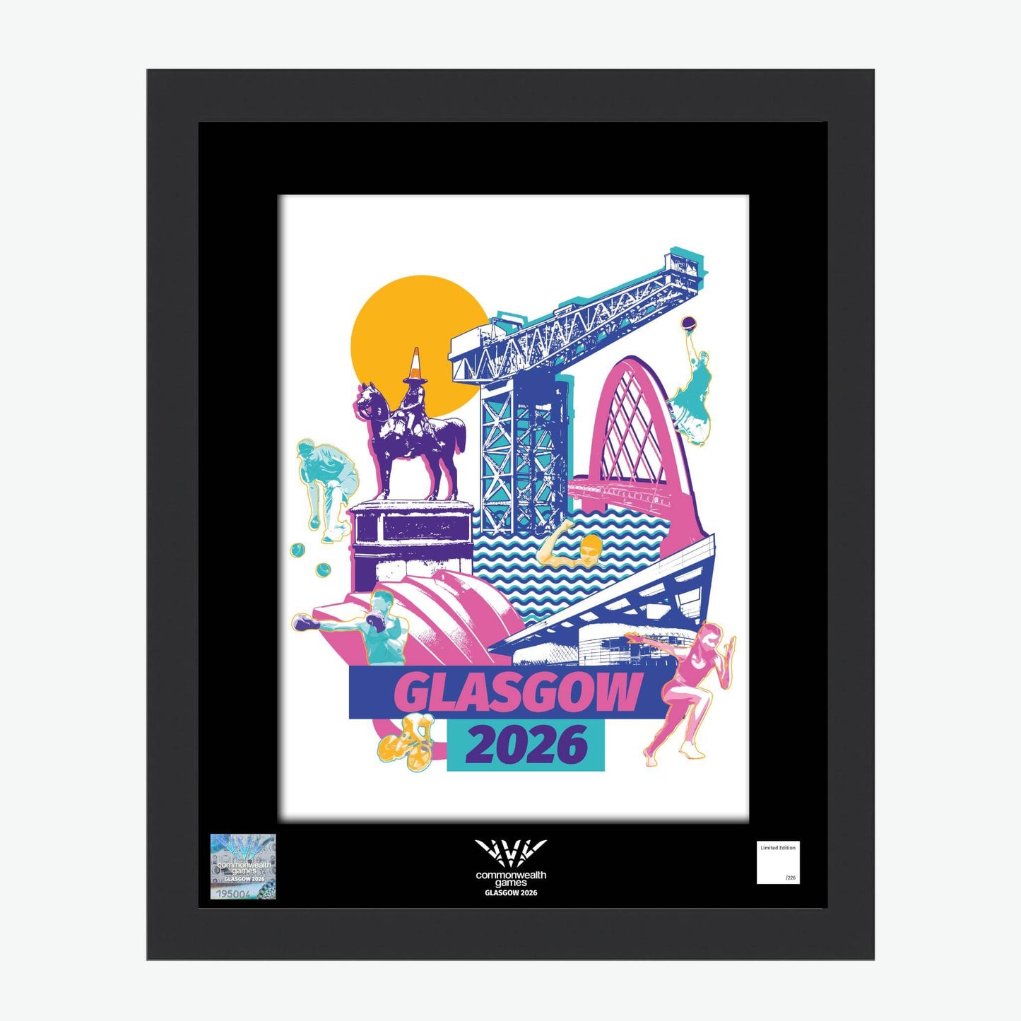 20" x 16" Glasgow 2026 Commonwealth Games Landmarks Framed Print with black frame and mount