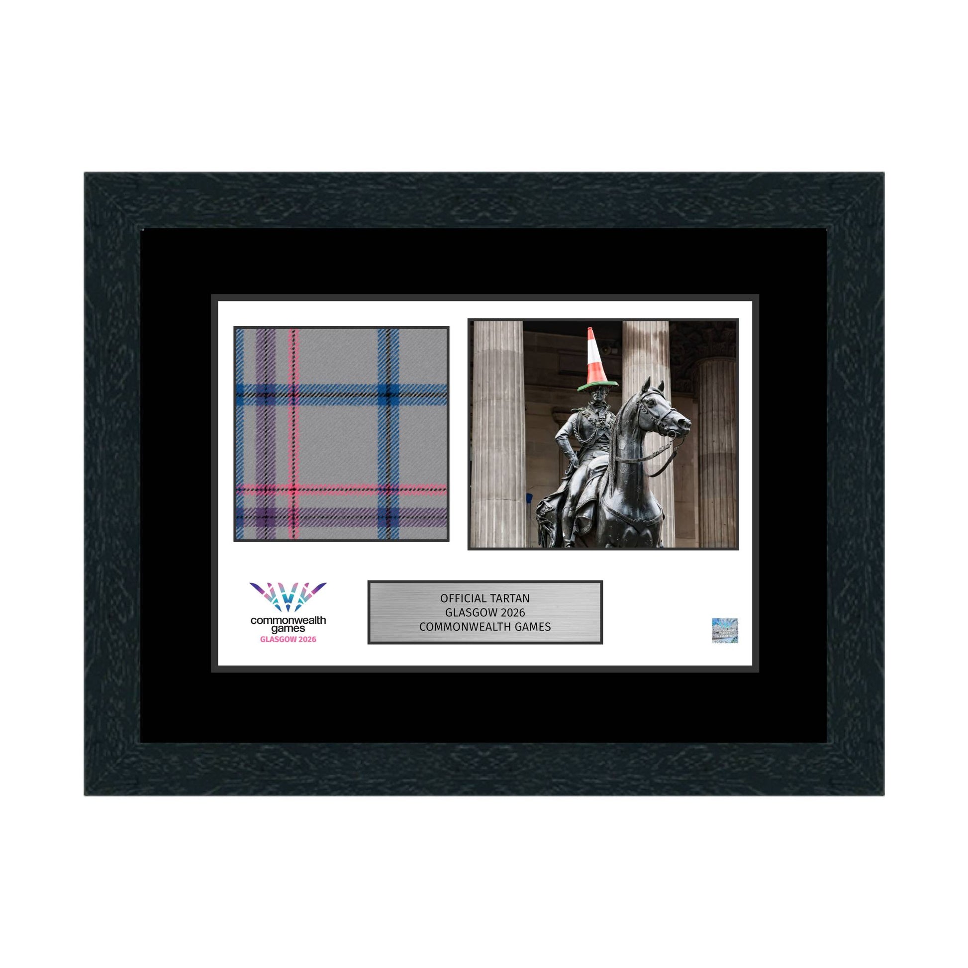 20" x 16" Framed Glasgow 2026 Tartan Piece With Wellington Photo And Plaque.