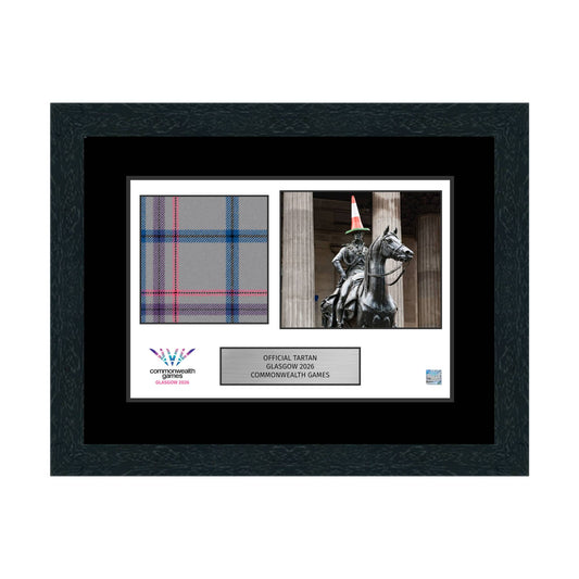 20" x 16" Framed Glasgow 2026 Tartan Piece With Wellington Photo And Plaque.