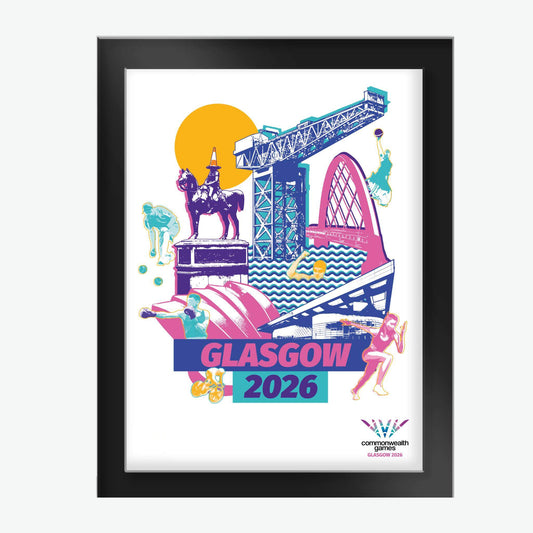 8" x 6" Glasgow 2026 Commonwealth Games Landmarks Glass Framed Print with black frame