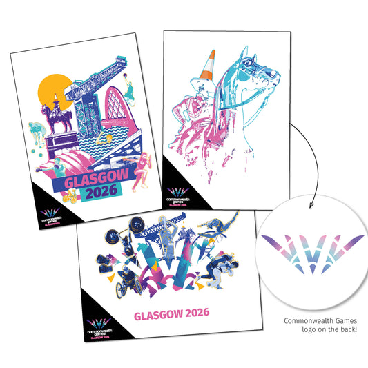 Celebration, Landmarks and Wellington designs included the Glasgow 2026 Art Card Prints.