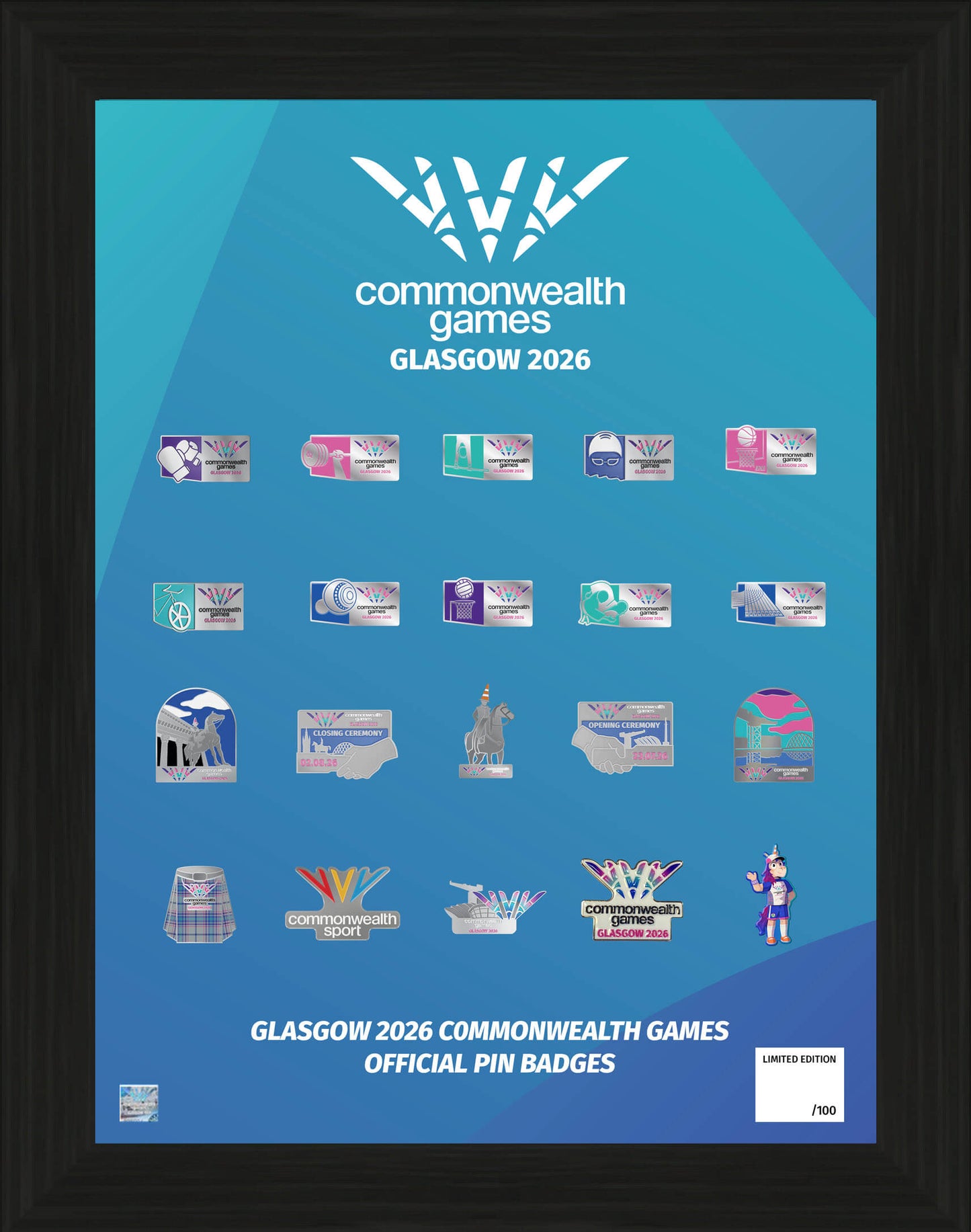 Glasgow 2026 frames official limited-edition pin badge collection featuring 20 unique pin badges in a black frame with blue Glasgow 2026 backdrop.