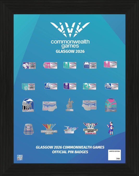Glasgow 2026 frames official limited-edition pin badge collection featuring 20 unique pin badges in a black frame with blue Glasgow 2026 backdrop.