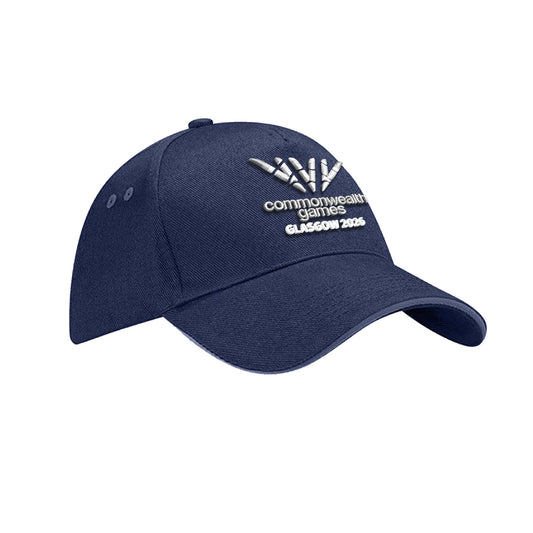 Navy baseball cap with 3D embroidered Glasgow 2026 logo on white background.