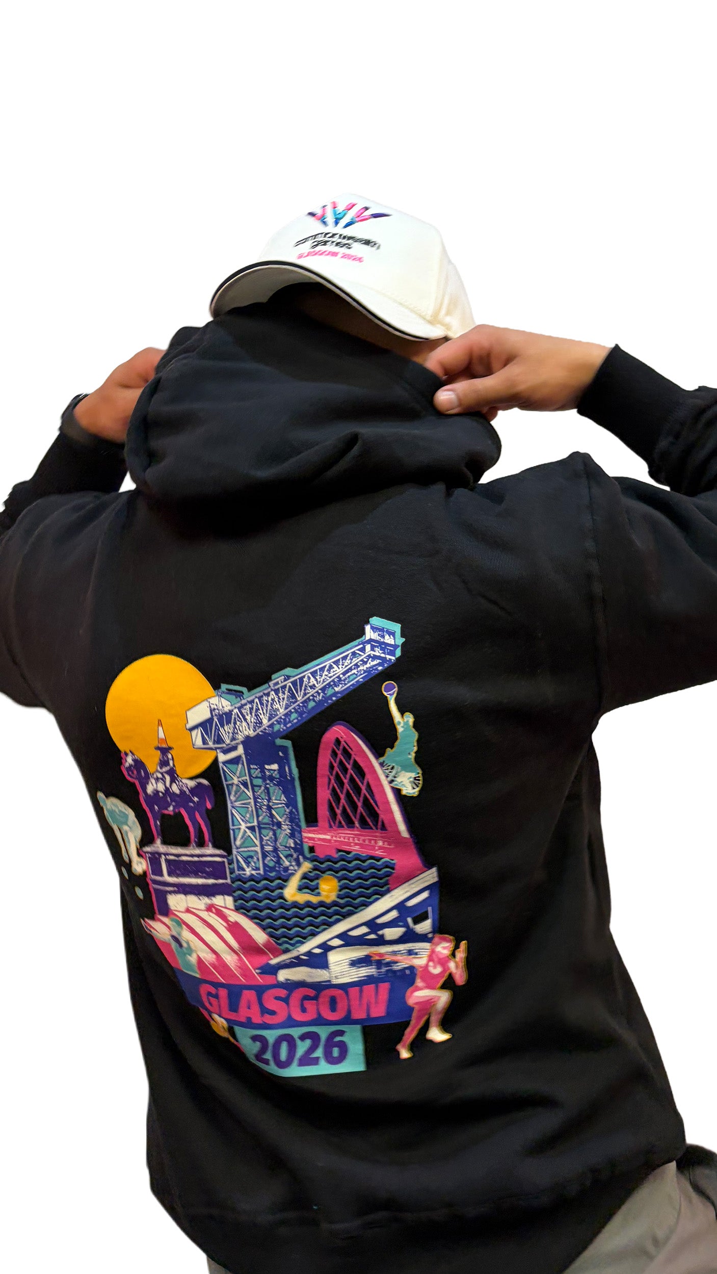 Back view of man wearing reversed natural baseball cap with black sandwich peak and full colour Glasgow 2026 logo.