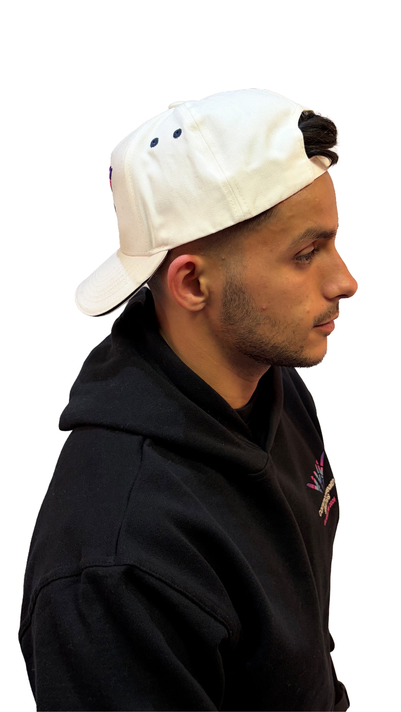 Side view of man wearing natural baseball cap with black sandwich peak and full colour Glasgow 2026 logo.