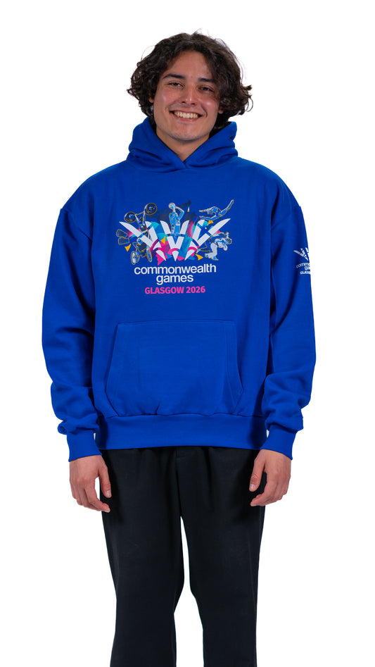 Front view of man wearing blue hoodie with Glasgow 2026 Celebration graphic.