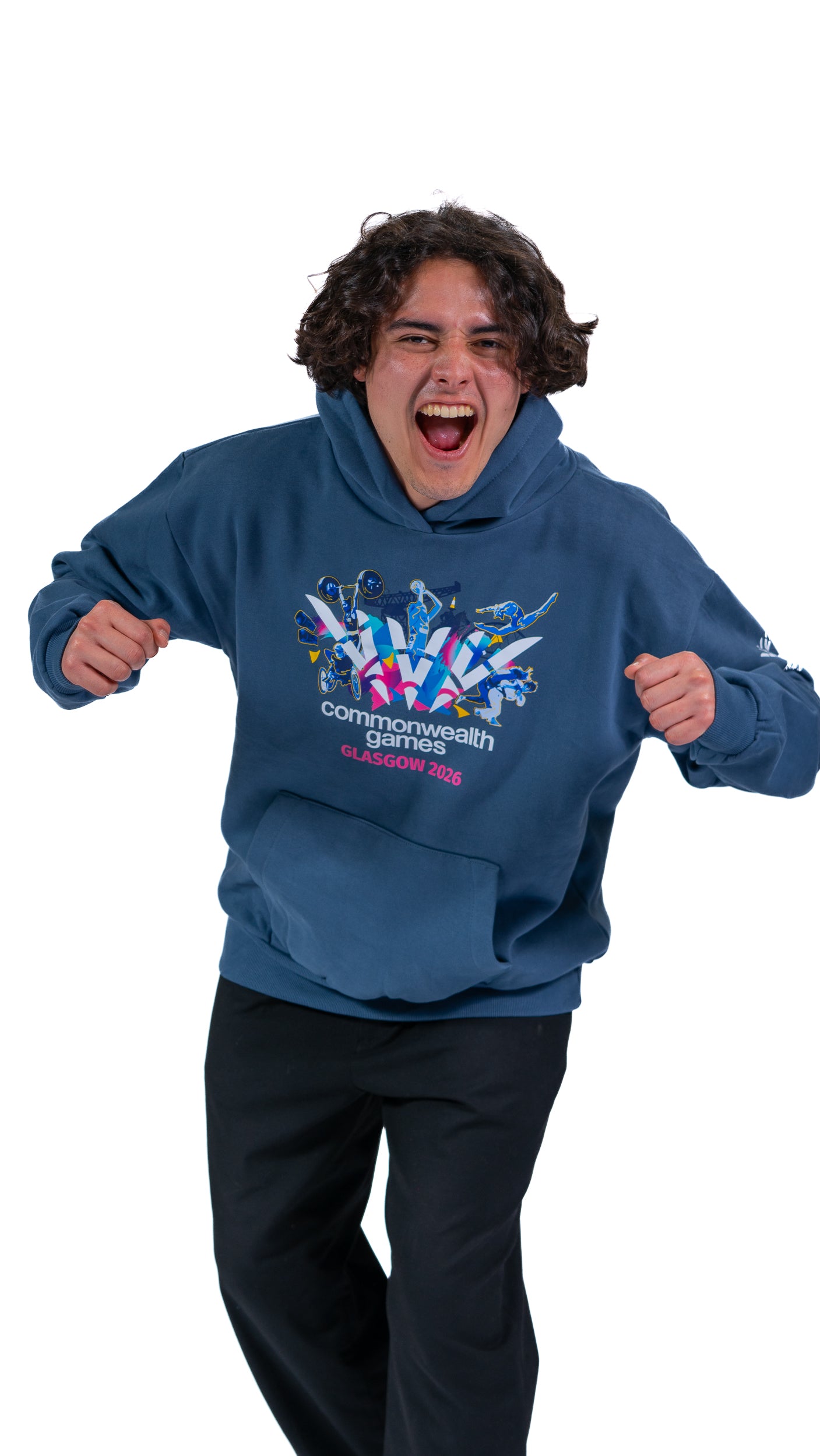 Front view of man wearing denim hoodie with Glasgow 2026 Celebration graphic.