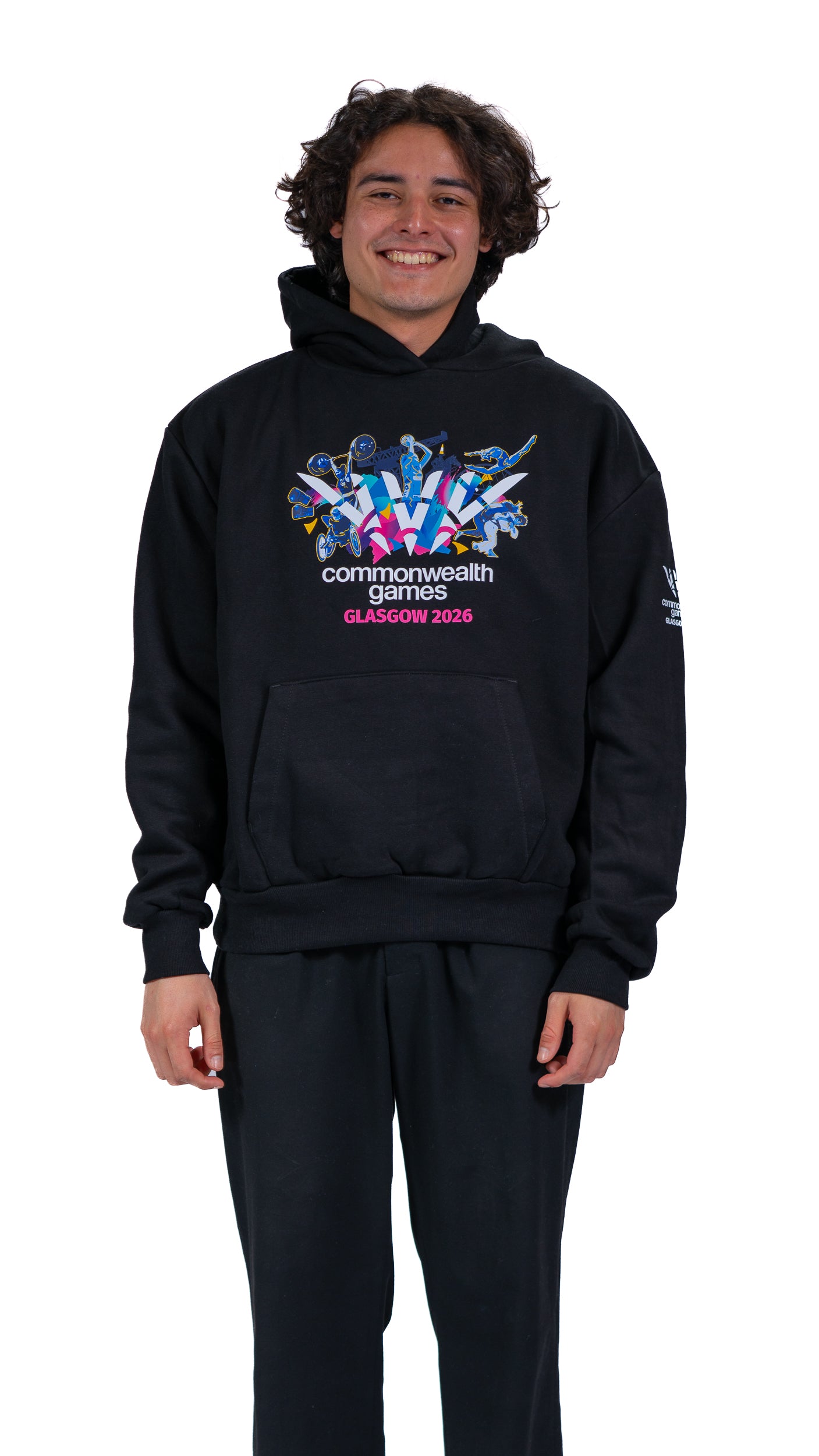 Front view of man wearing navy hoodie with Glasgow 2026 Celebration graphic.
