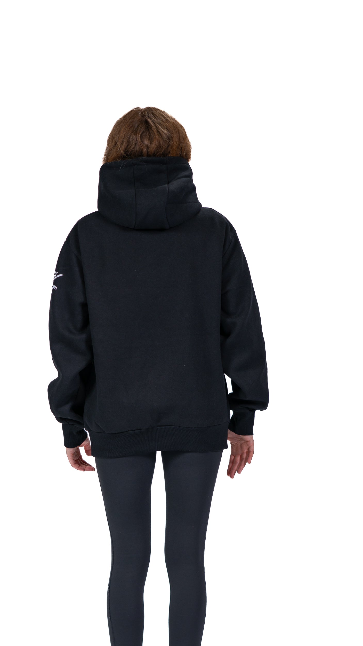 Back view of woman wearing navy Glasgow 2026 Celebration graphic hoodie.