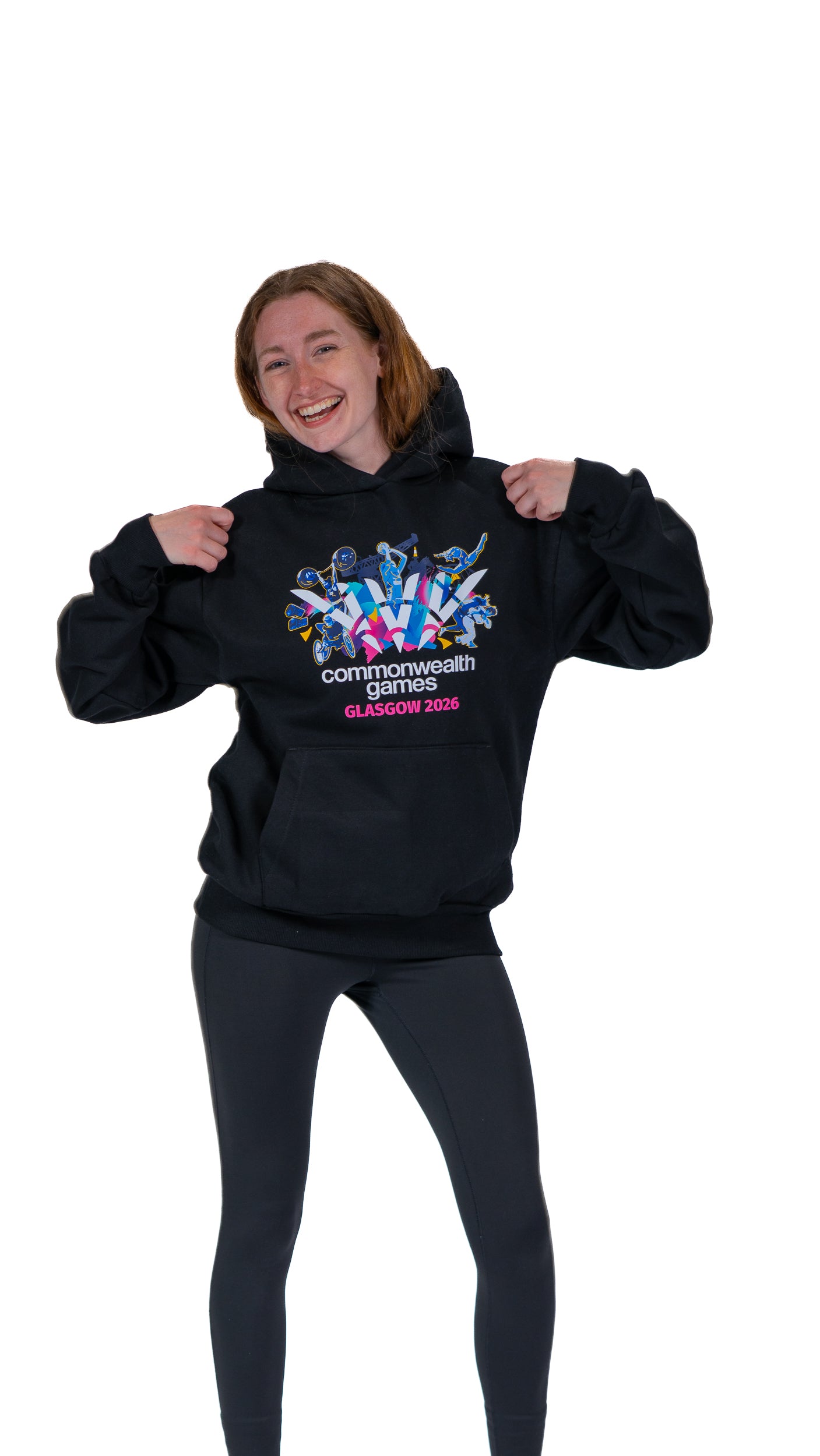 Front view of woman wearing navy hoodie with Glasgow 2026 Celebration graphic.