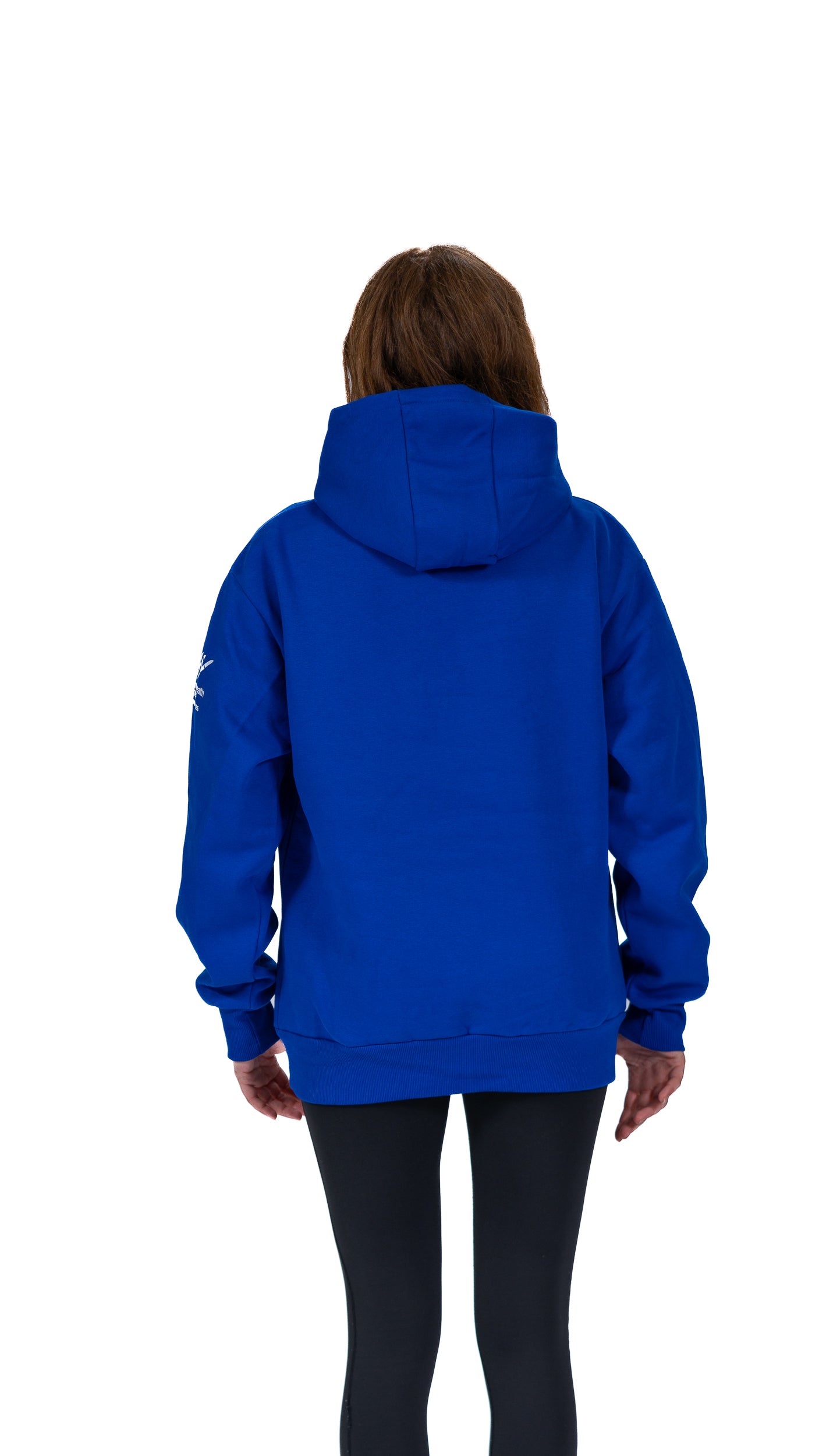 Back view of woman wearing blue Glasgow 2026 Celebration graphic hoodie.