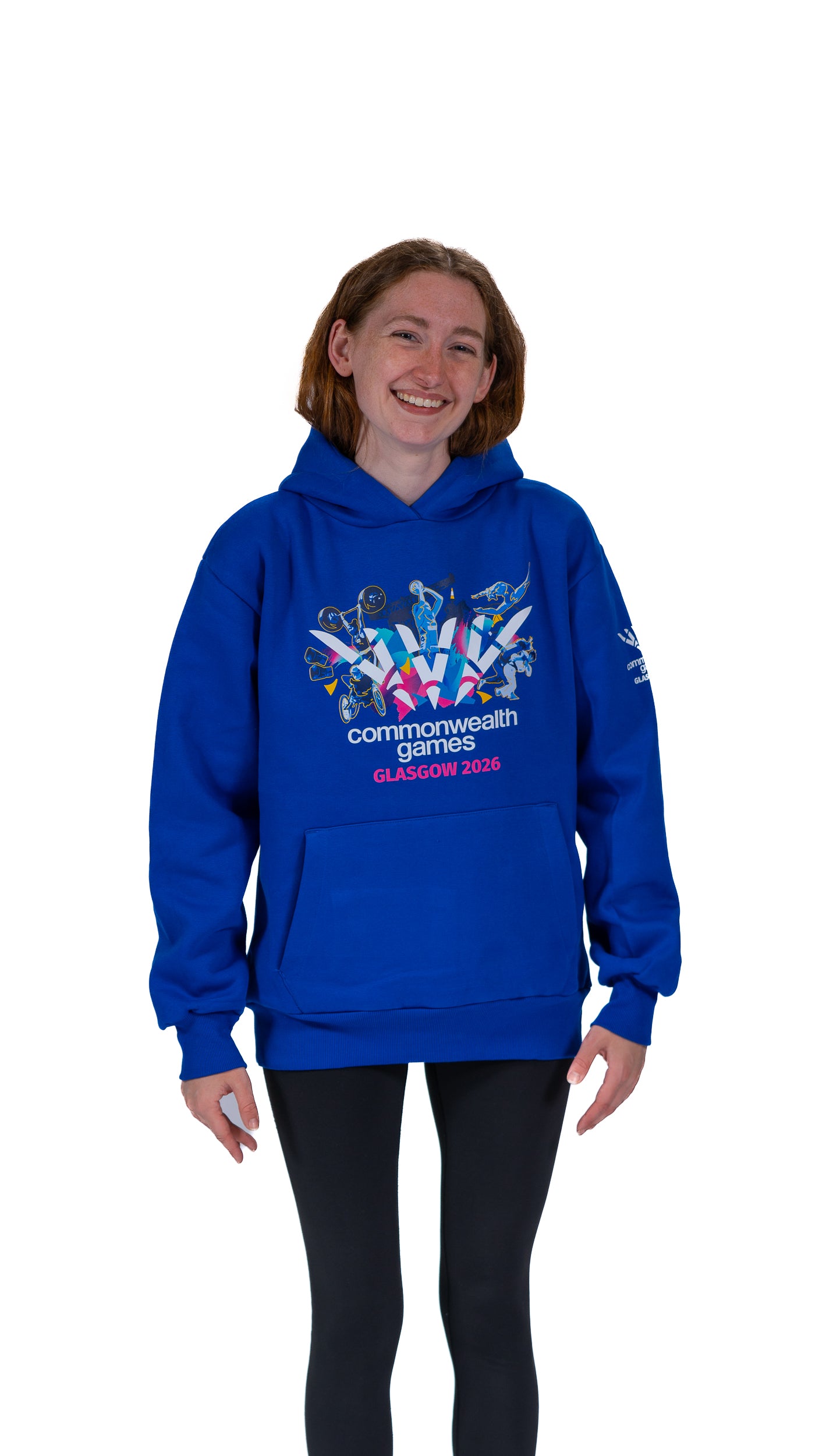 Front view of woman wearing blue hoodie with Glasgow 2026 Celebration graphic.