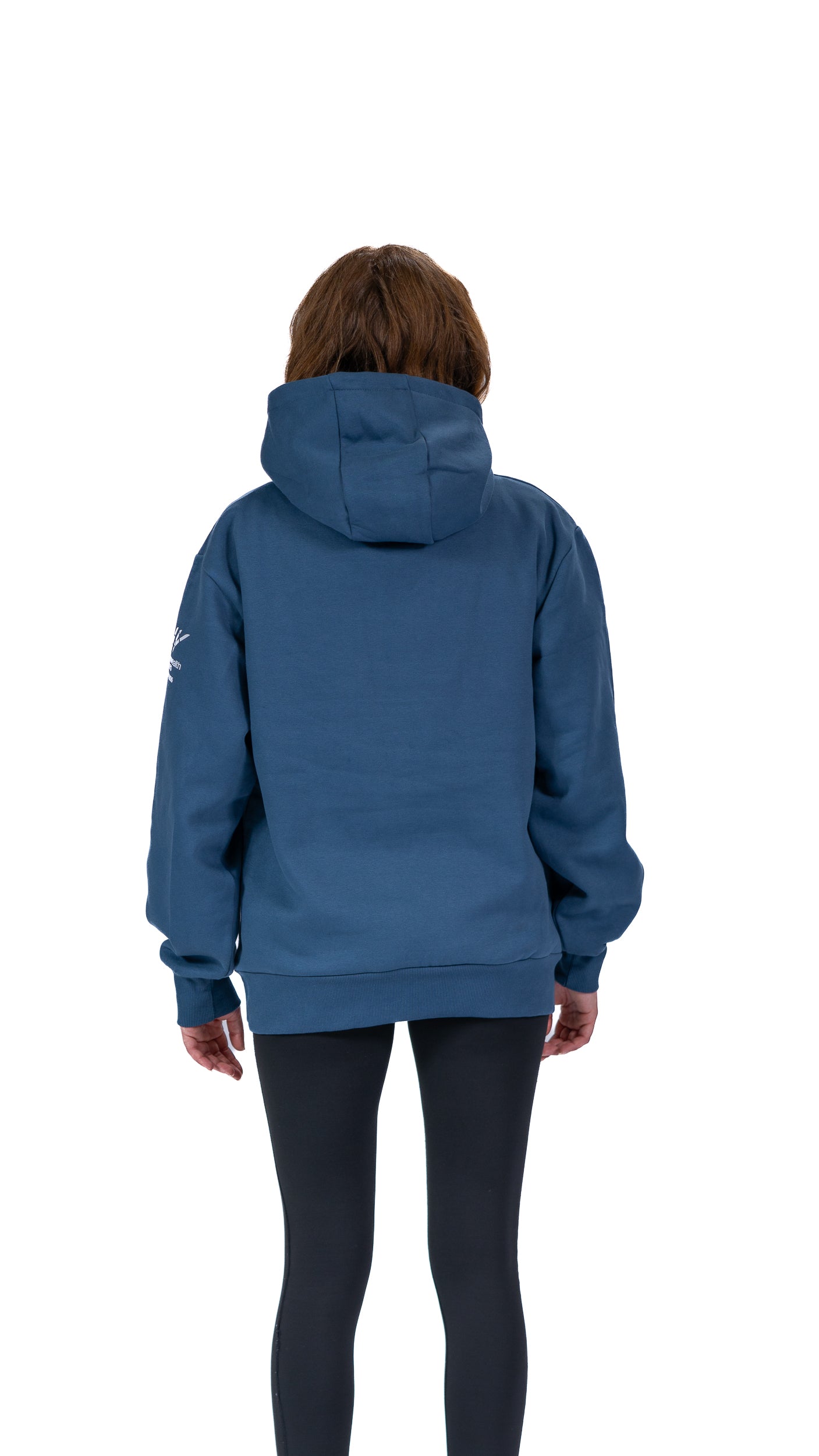 Back view of woman wearing denim Glasgow 2026 Celebration graphic hoodie.