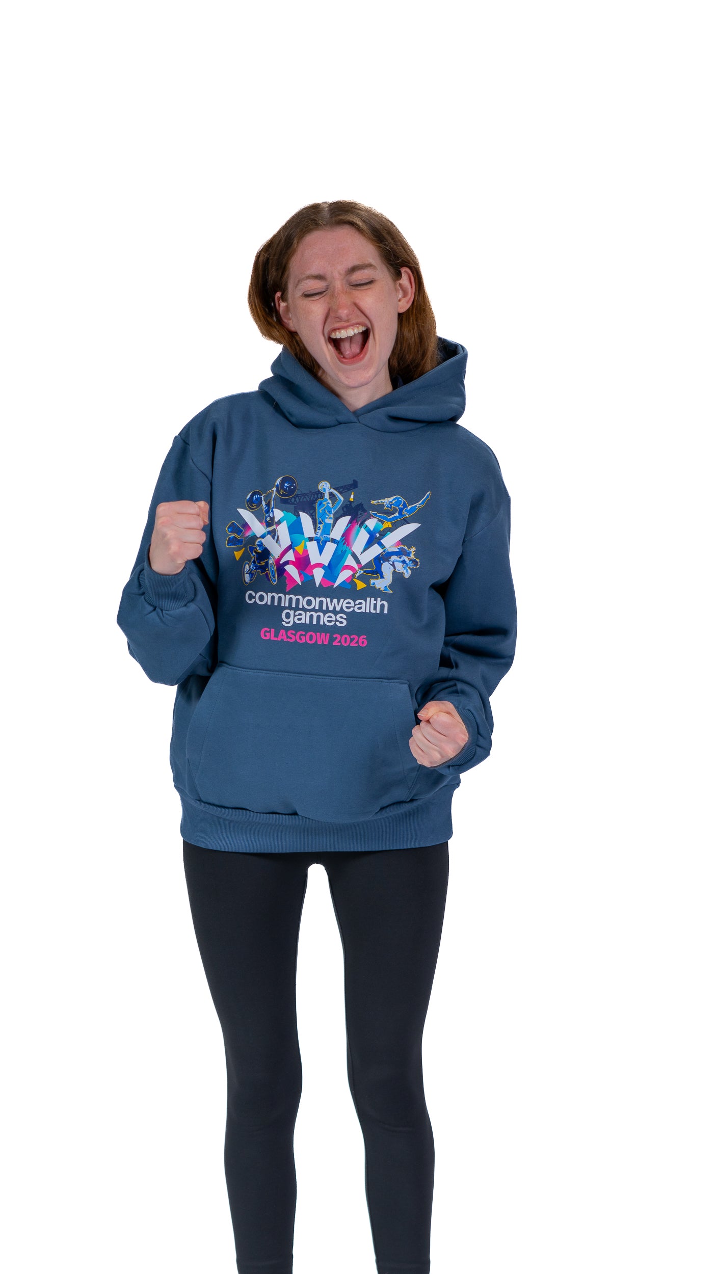 Front view of woman wearing denim hoodie with Glasgow 2026 Celebration graphic.