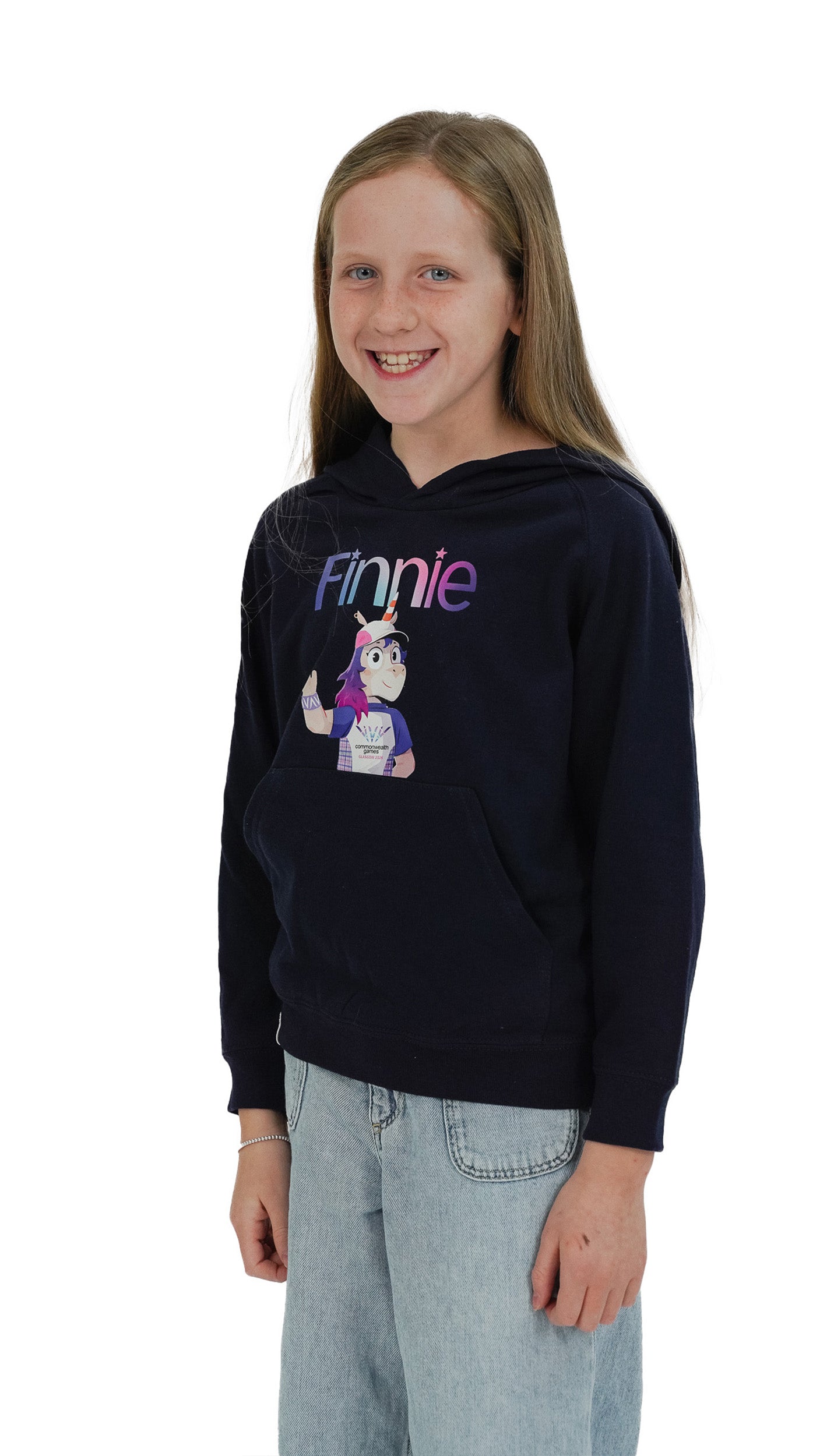 Front view of girl wearing navy hoodie with Glasgow 2026 Finnie Mascot graphic.