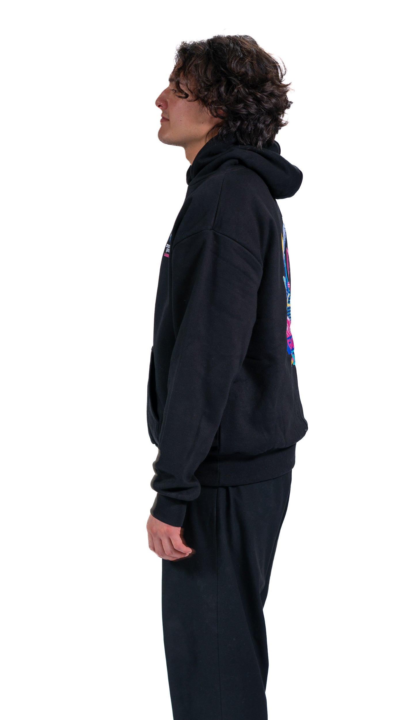 Side view of man wearing black Glasgow 2026 Cityscape hoodie. 