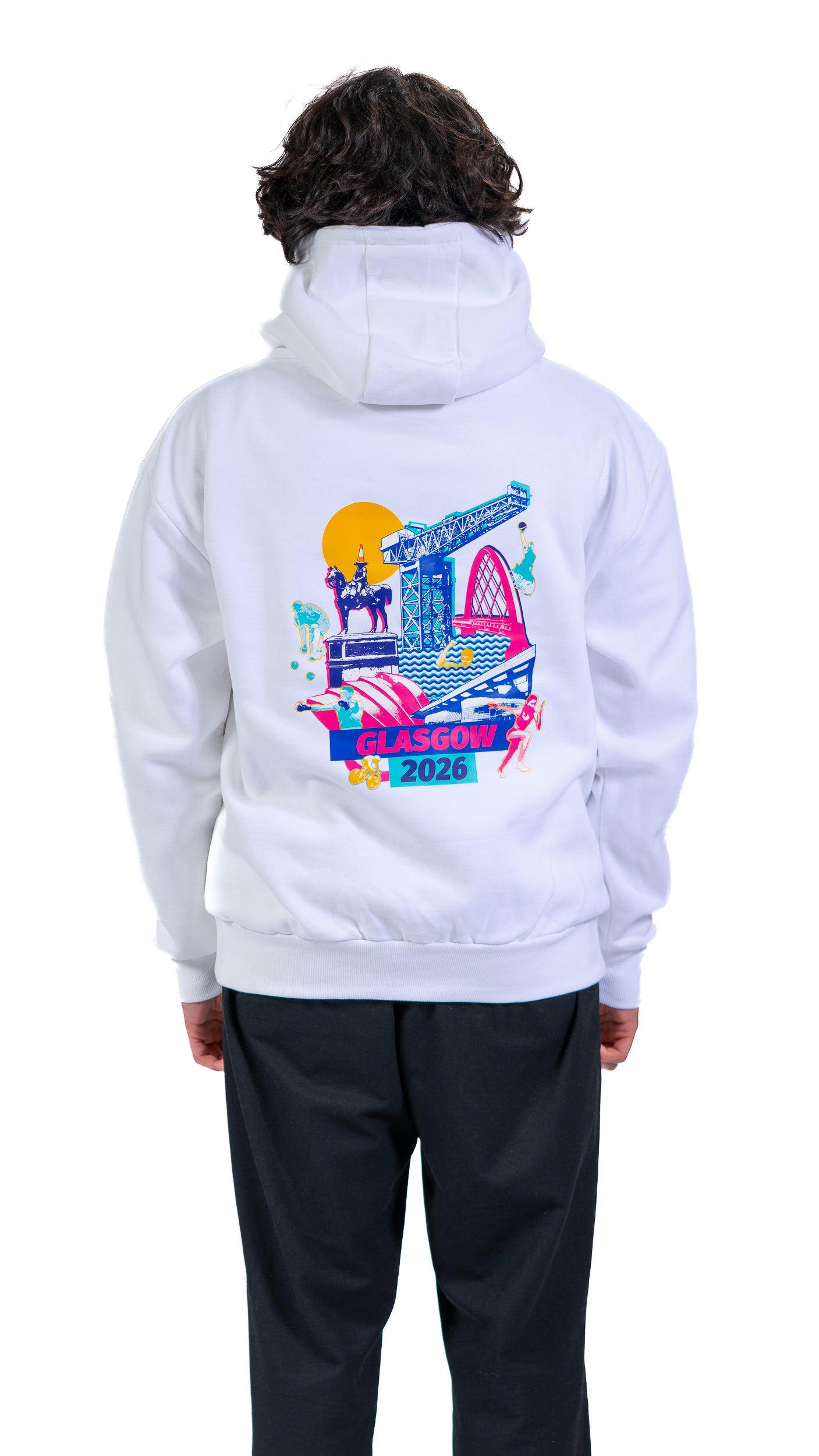 Back view of man wearing white hoodie with Glasgow 2026 Cityscape graphic.