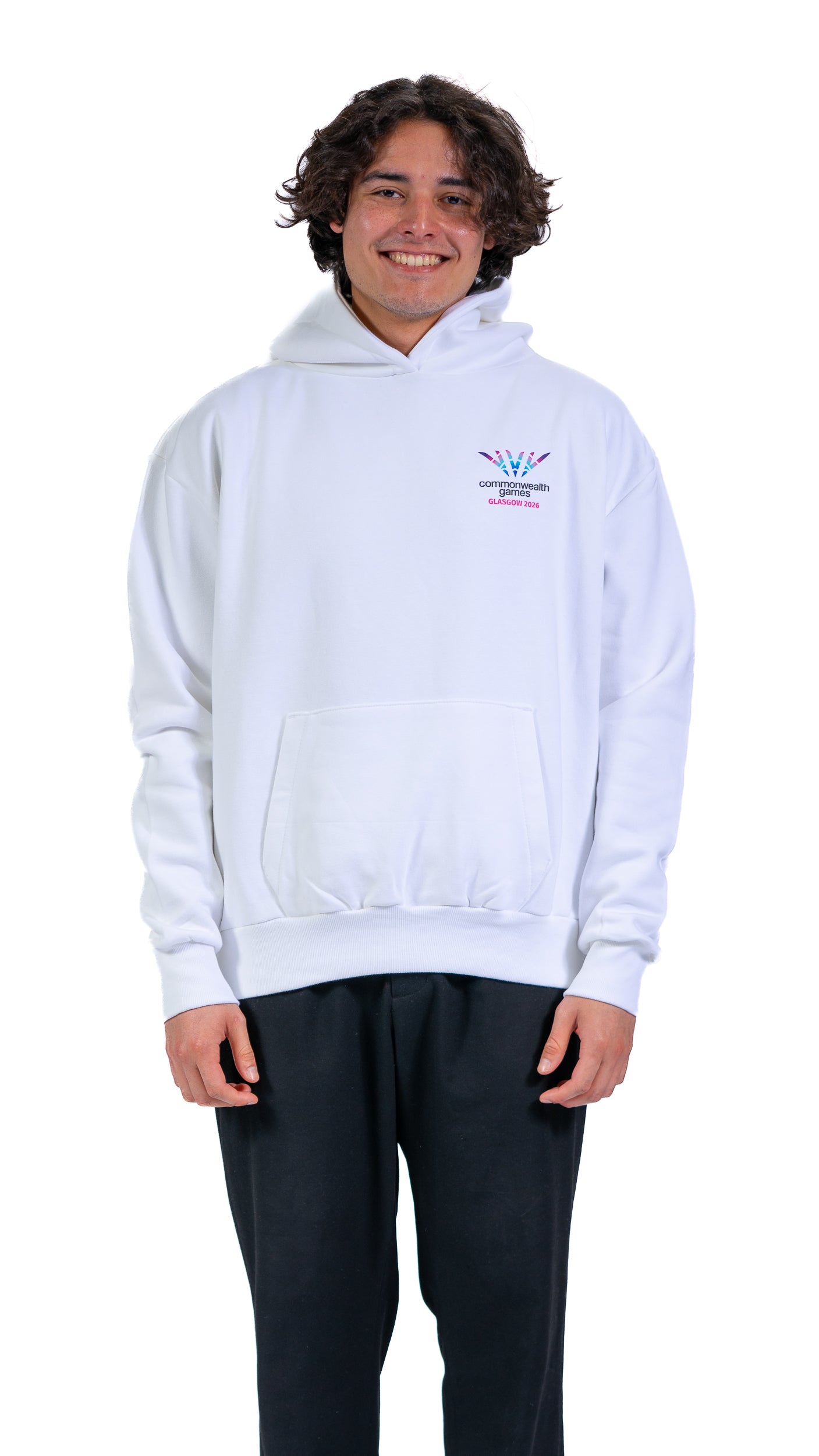 Front view of man wearing white hoodie with Glasgow 2026 logo.