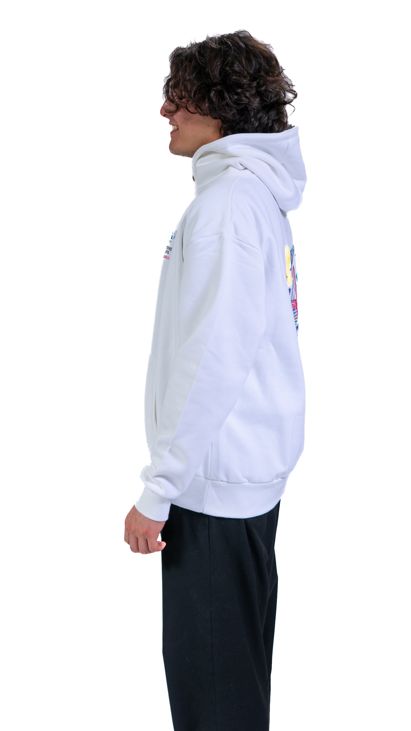 Side view of man wearing white Glasgow 2026 Cityscape hoodie. 