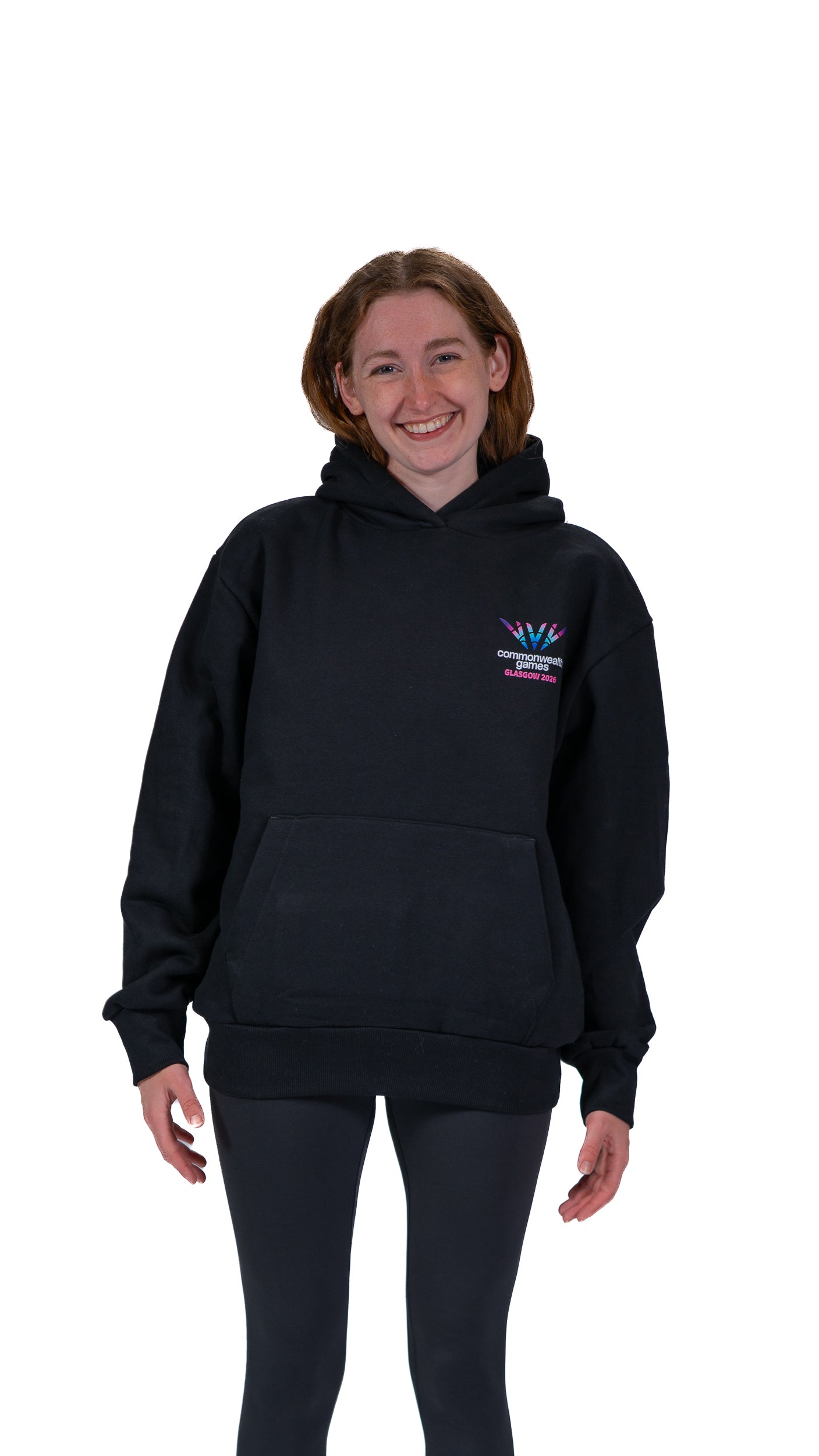 Front view of woman wearing black hoodie with Glasgow 2026 logo.