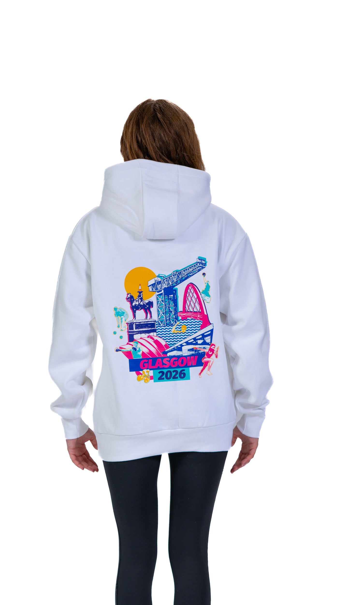 Back view of woman wearing white hoodie with Glasgow 2026 Cityscape graphic.