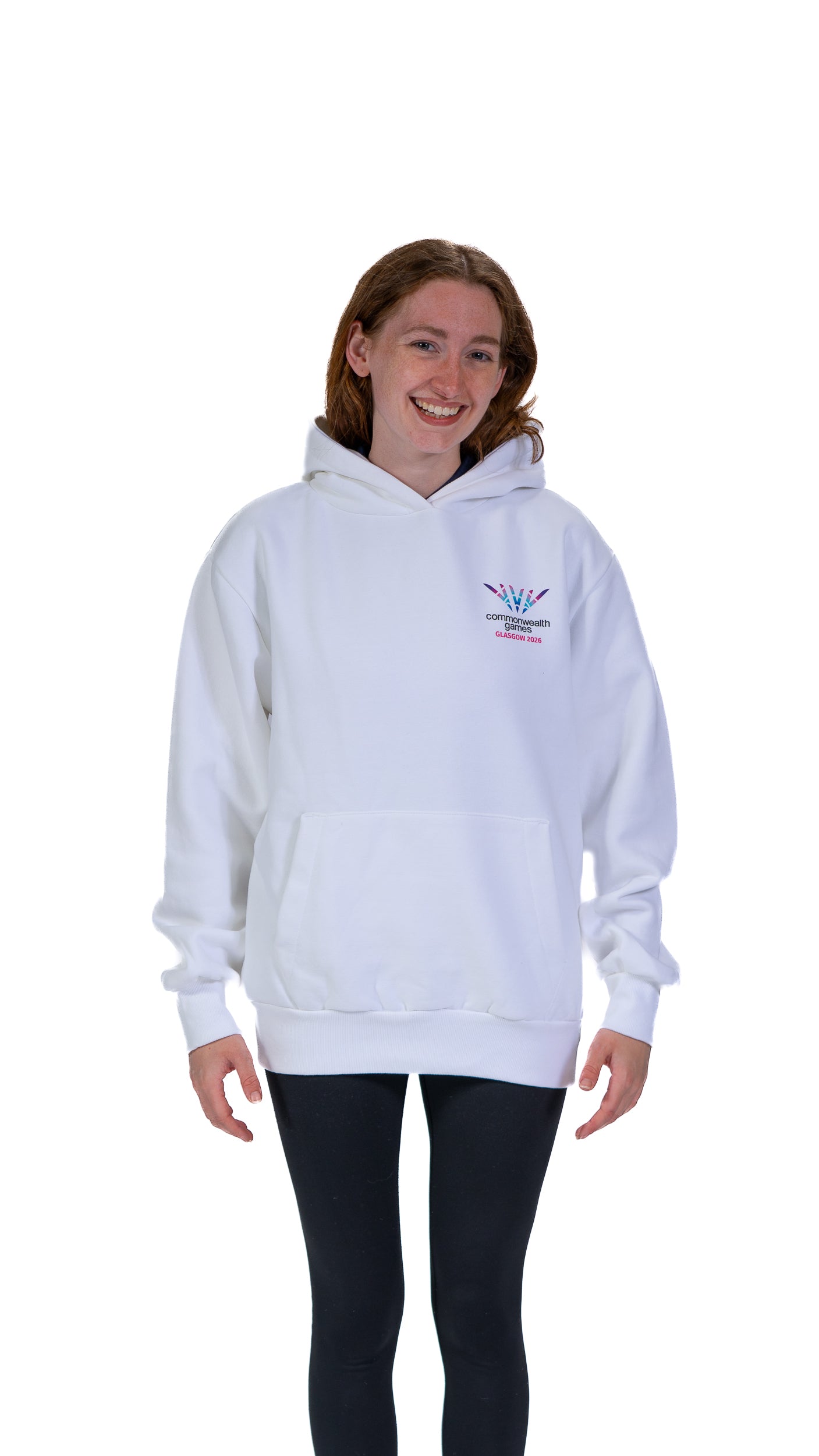 Front view of woman wearing white hoodie with Glasgow 2026 logo.