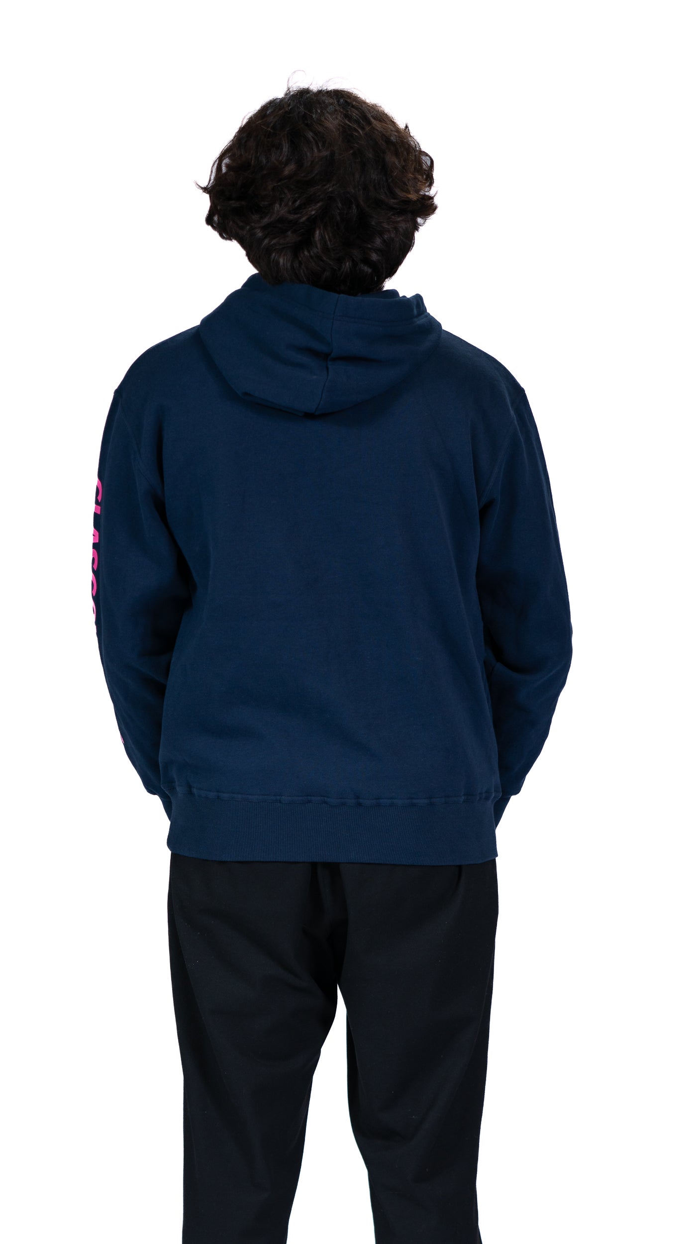 Back View of man wearing unisex, navy  Glasgow 2026 logo hoodie