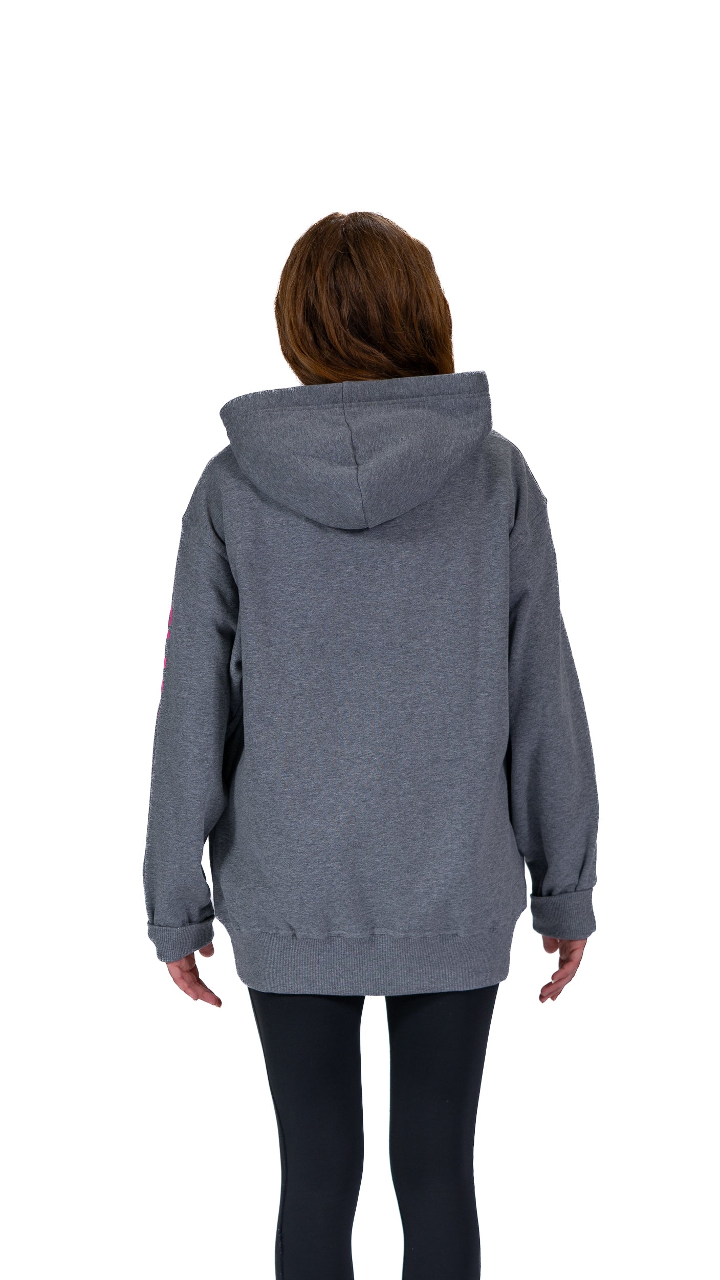 Back view of woman wearing unisex, grey marl Glasgow 2026 logo hoodie.