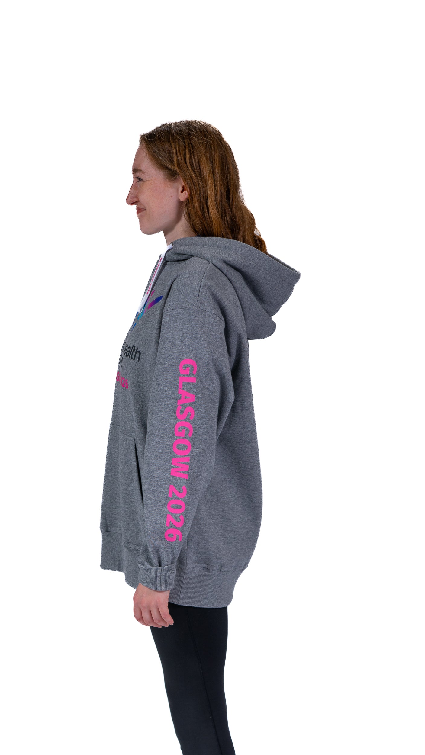 Side view of woman wearing unisex, grey marl hoodie showing Glasgow 2026 on the sleeve.