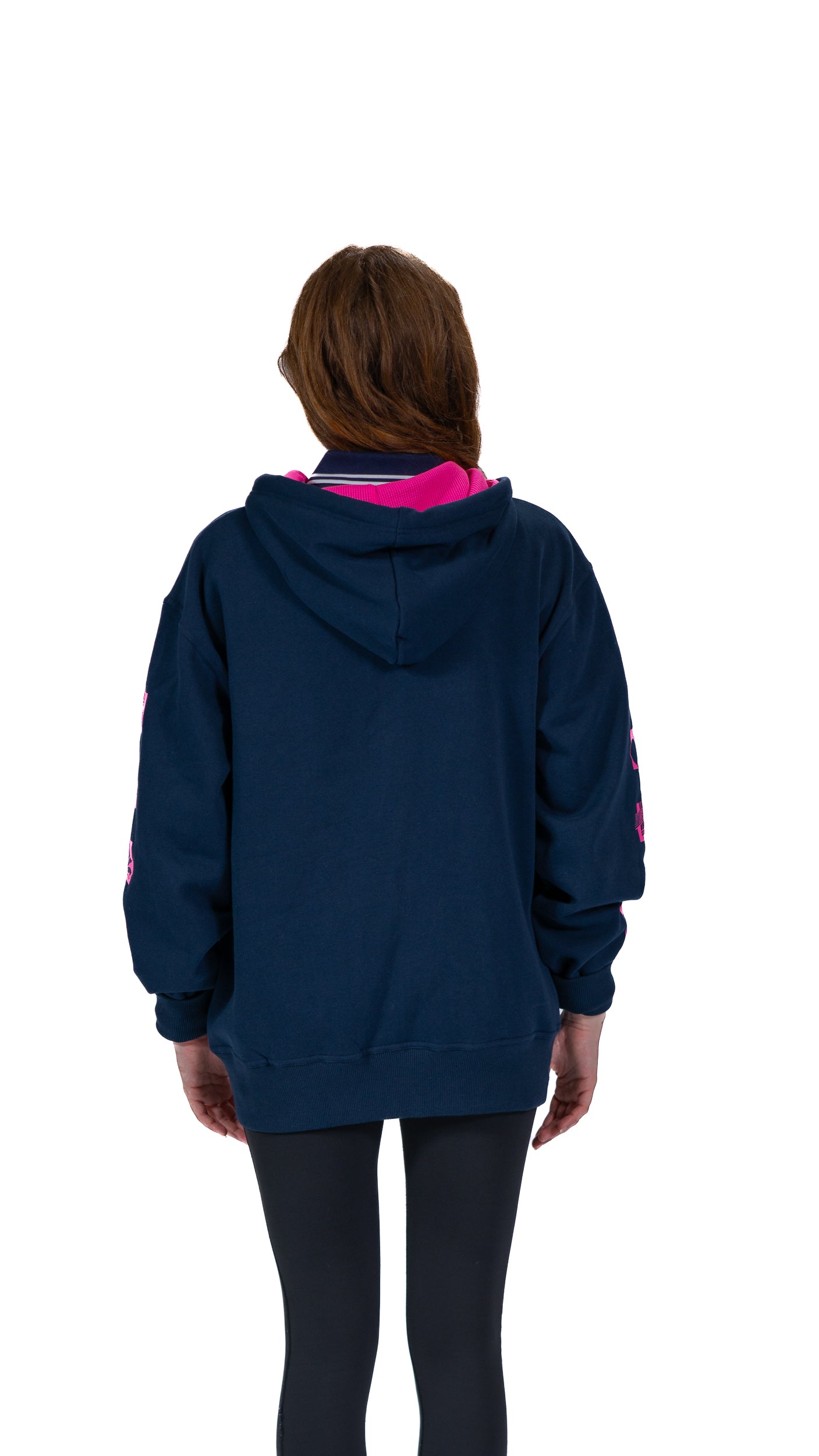 Back view of woman wearing contrast navy/pink Glasgow 2026 Pictograms hoodie.