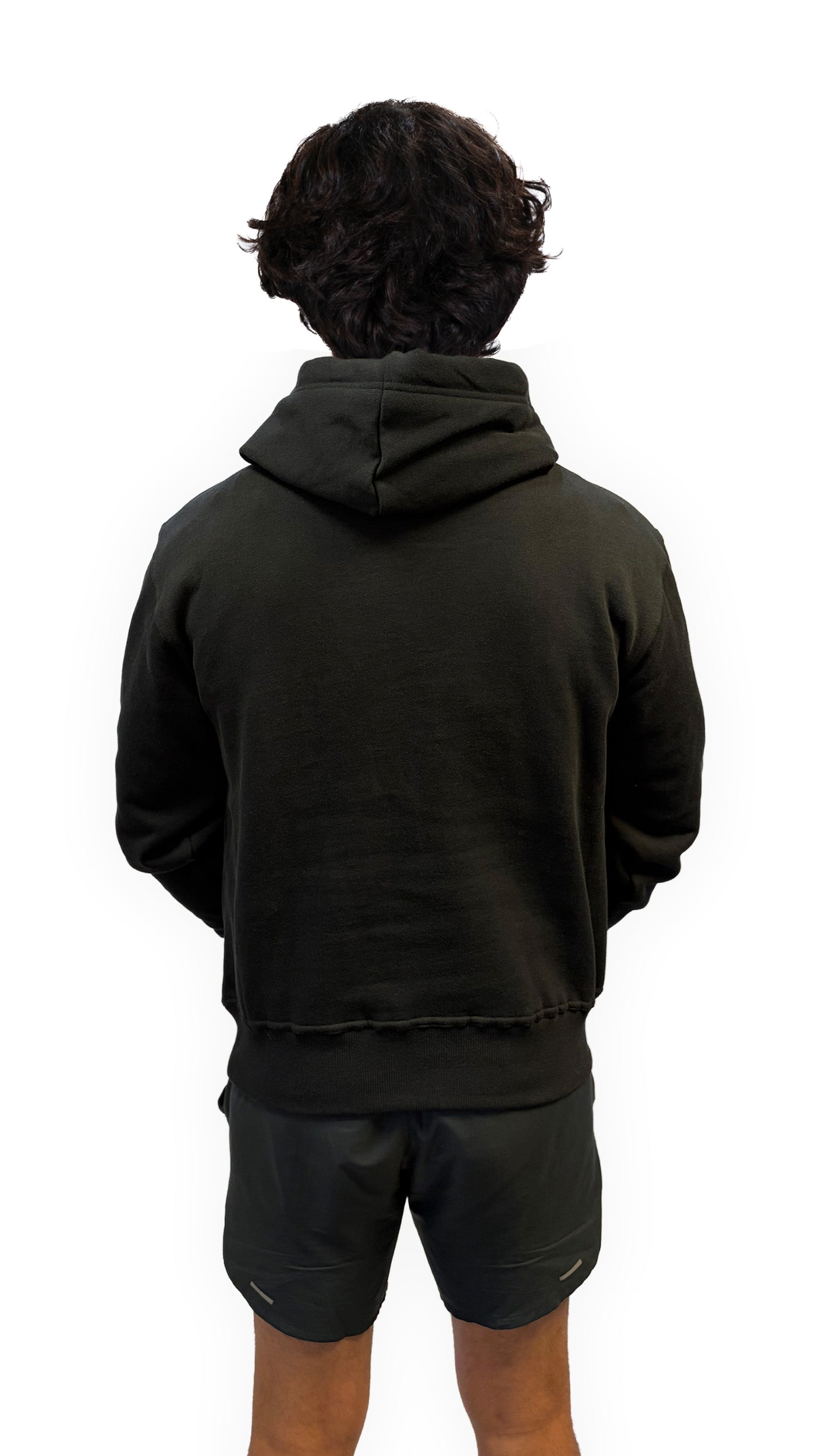 Back view of man wearing navy contrast hoodie with blue XXVI Glasgow 3D textured print.