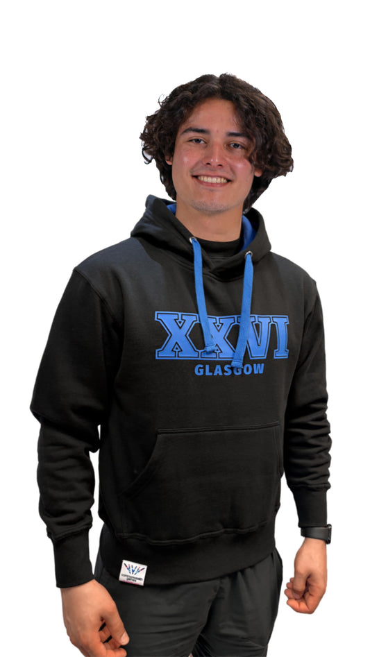Front view of man wearing navy contrast hoodie with blue XXVI Glasgow 3D textured print.