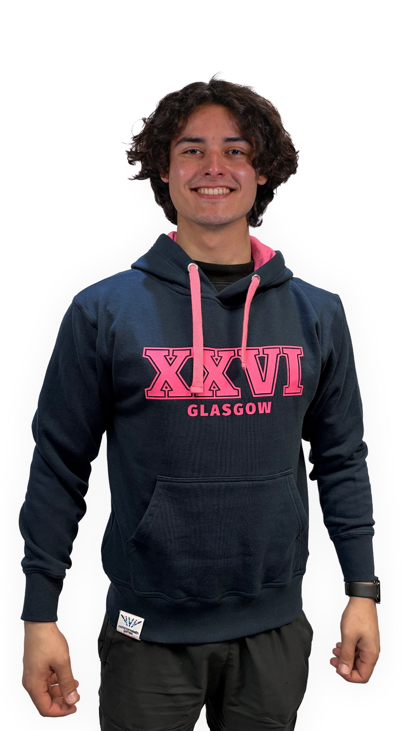 Front view of man wearing navy contrast hoodie with pink XXVI Glasgow 3D textured print.