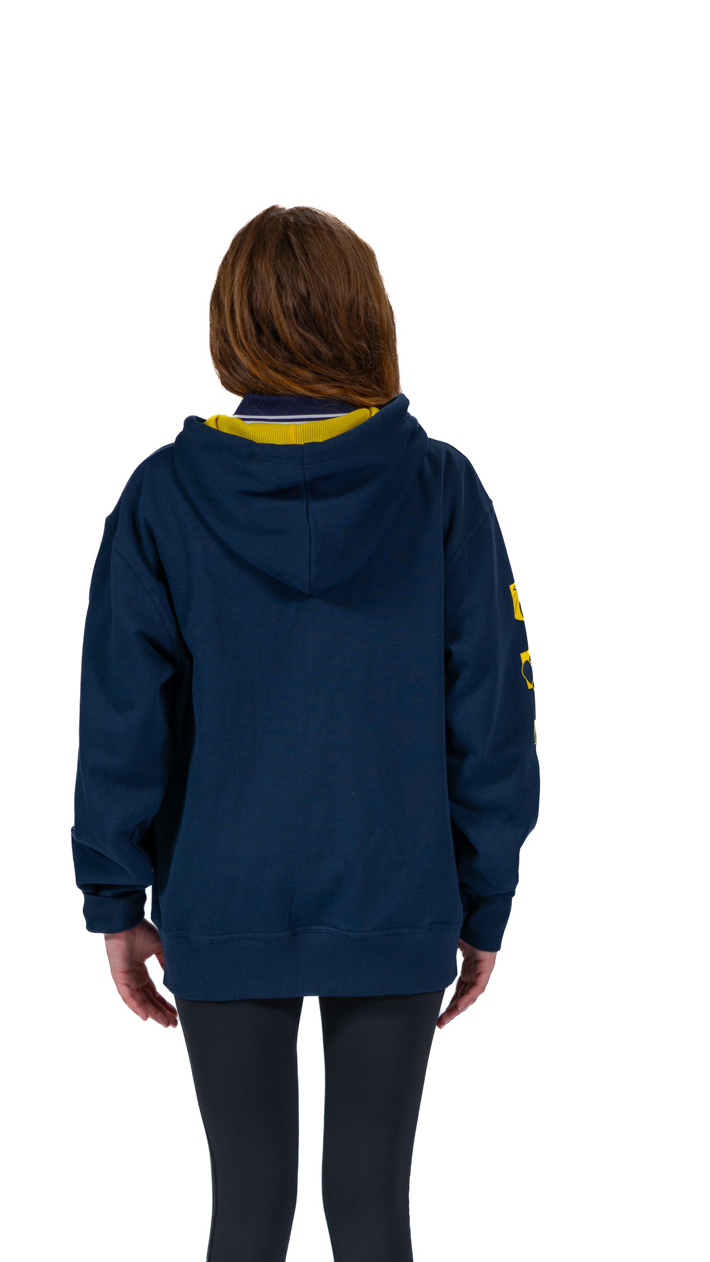 Back view of woman wearing contrast navy/yellow Glasgow 2026 Pictograms hoodie.