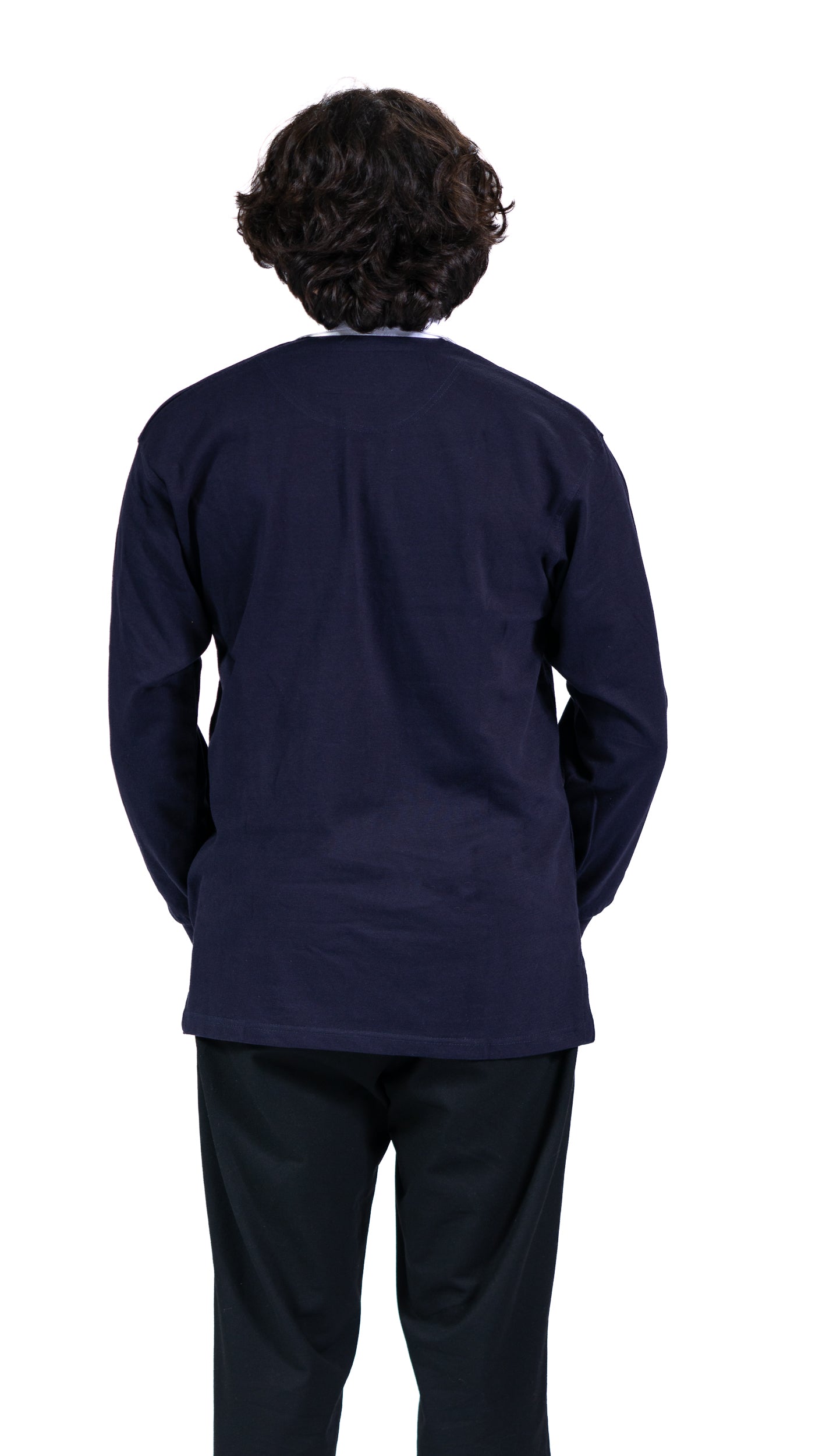 Back view of man wearing navy Glasgow 2026 logo rugby top with white collar.