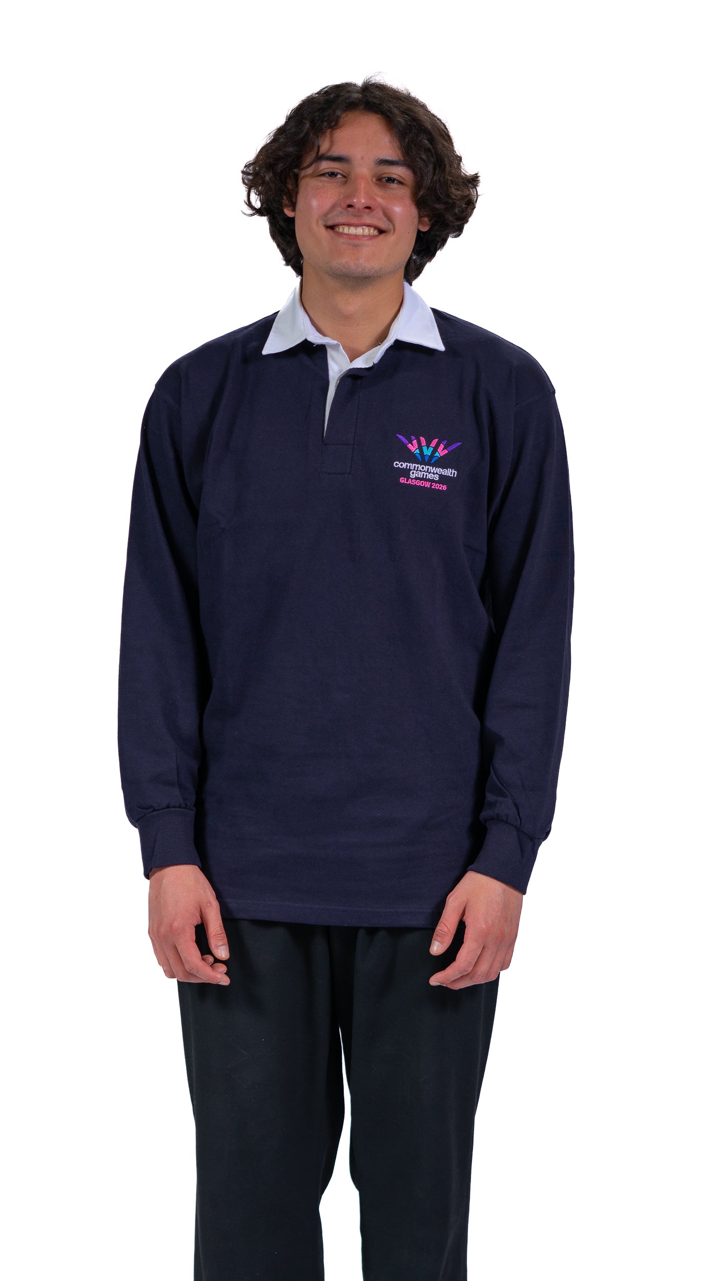 Front view of man wearing navy rugby top with white collar with full colour Glasgow 2026 embroidered logo on the left chest.