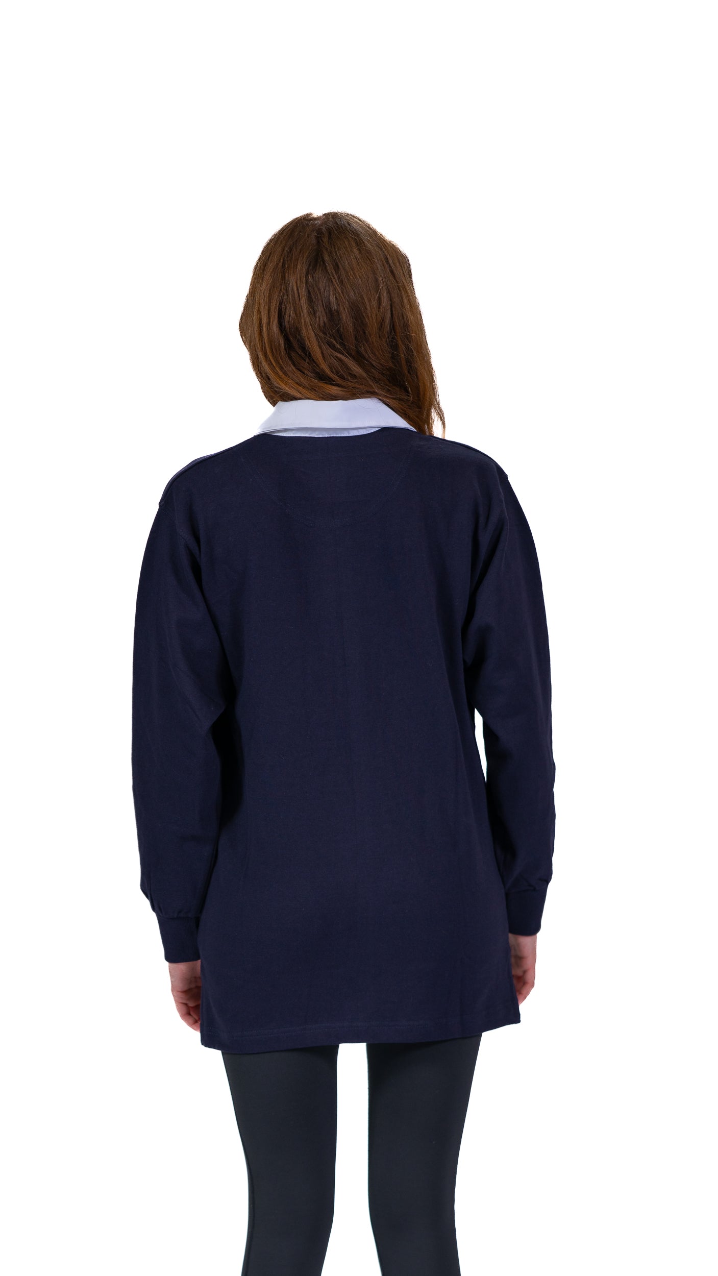 Back view of woman wearing navy Glasgow 2026 logo rugby top with white collar.