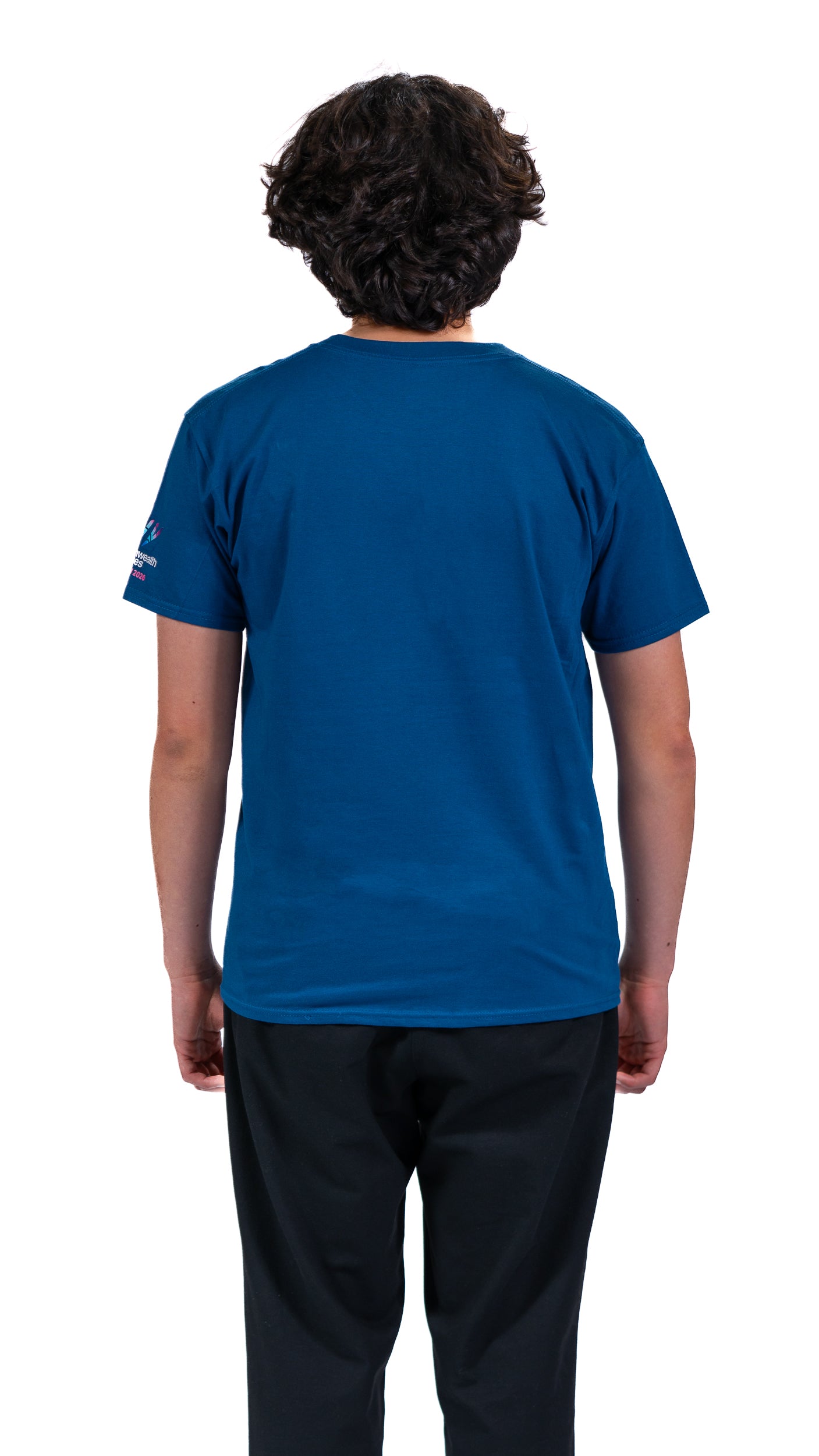 Back view of man wearing blue Glasgow 2026 Celebration t-shirt.