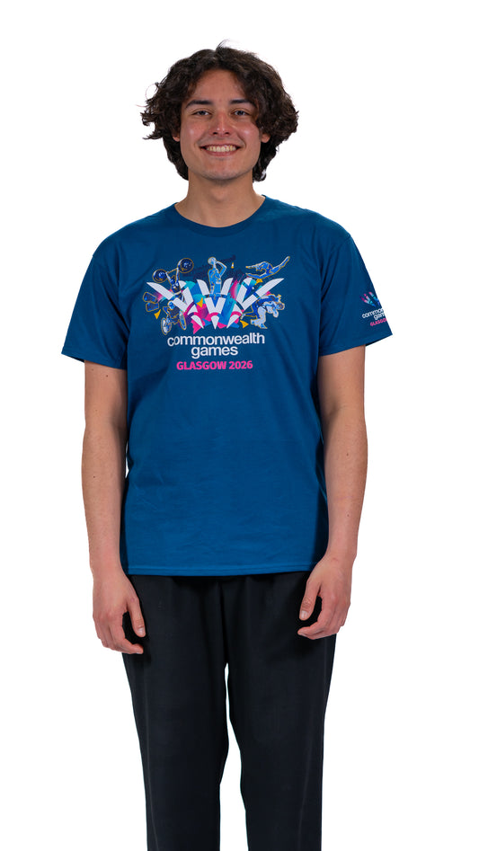 Man wearing blue t-shirt with Glasgow 2026 Celebration graphic t-shirt.