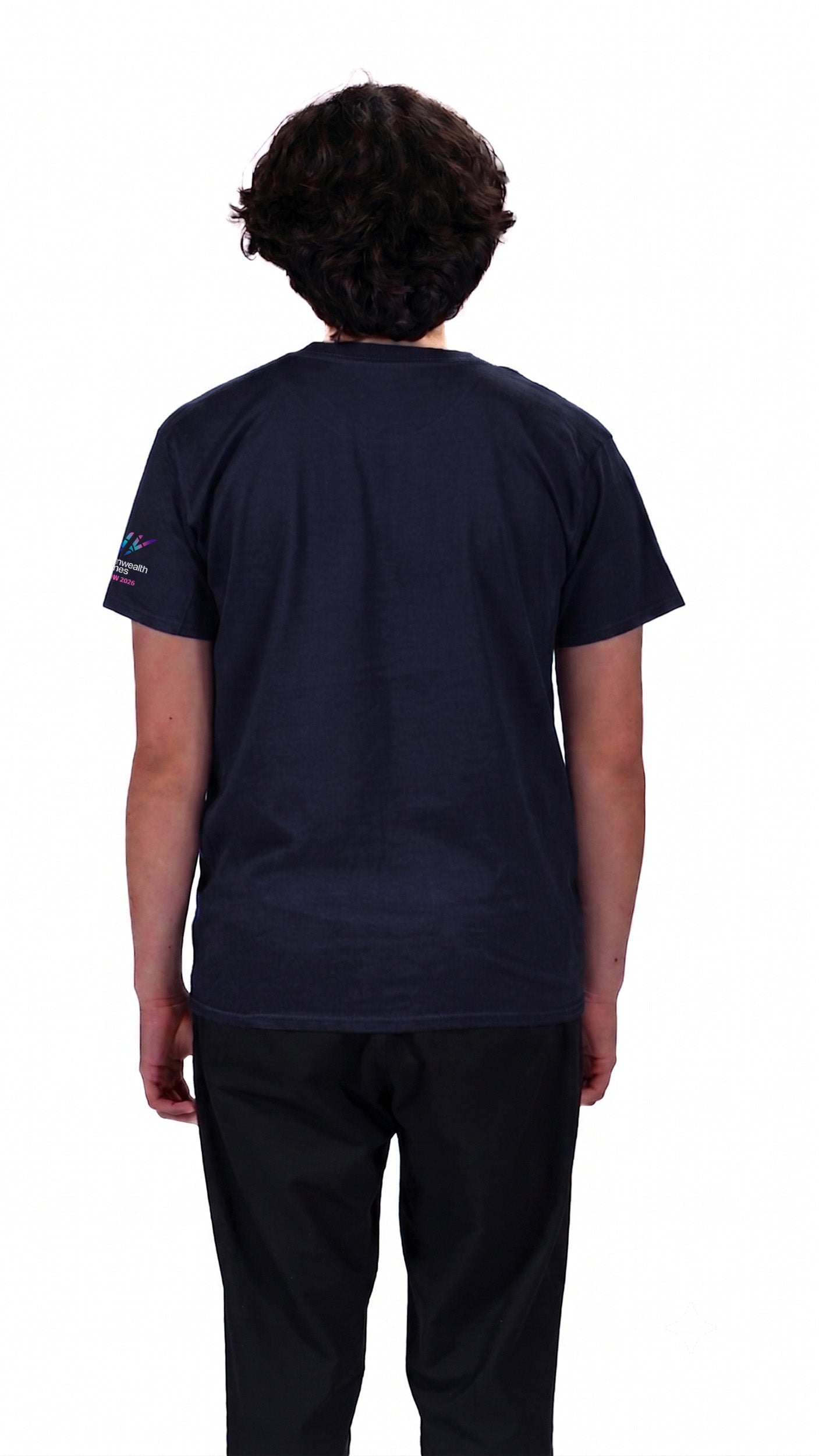 Back view of man wearing navy Glasgow 2026 Celebration t-shirt.