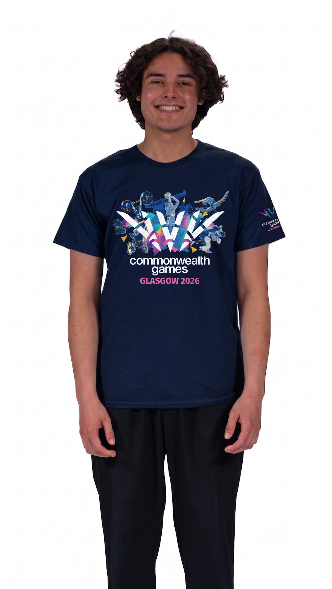 Man wearing navy t-shirt with Glasgow 2026 Celebration graphic t-shirt.